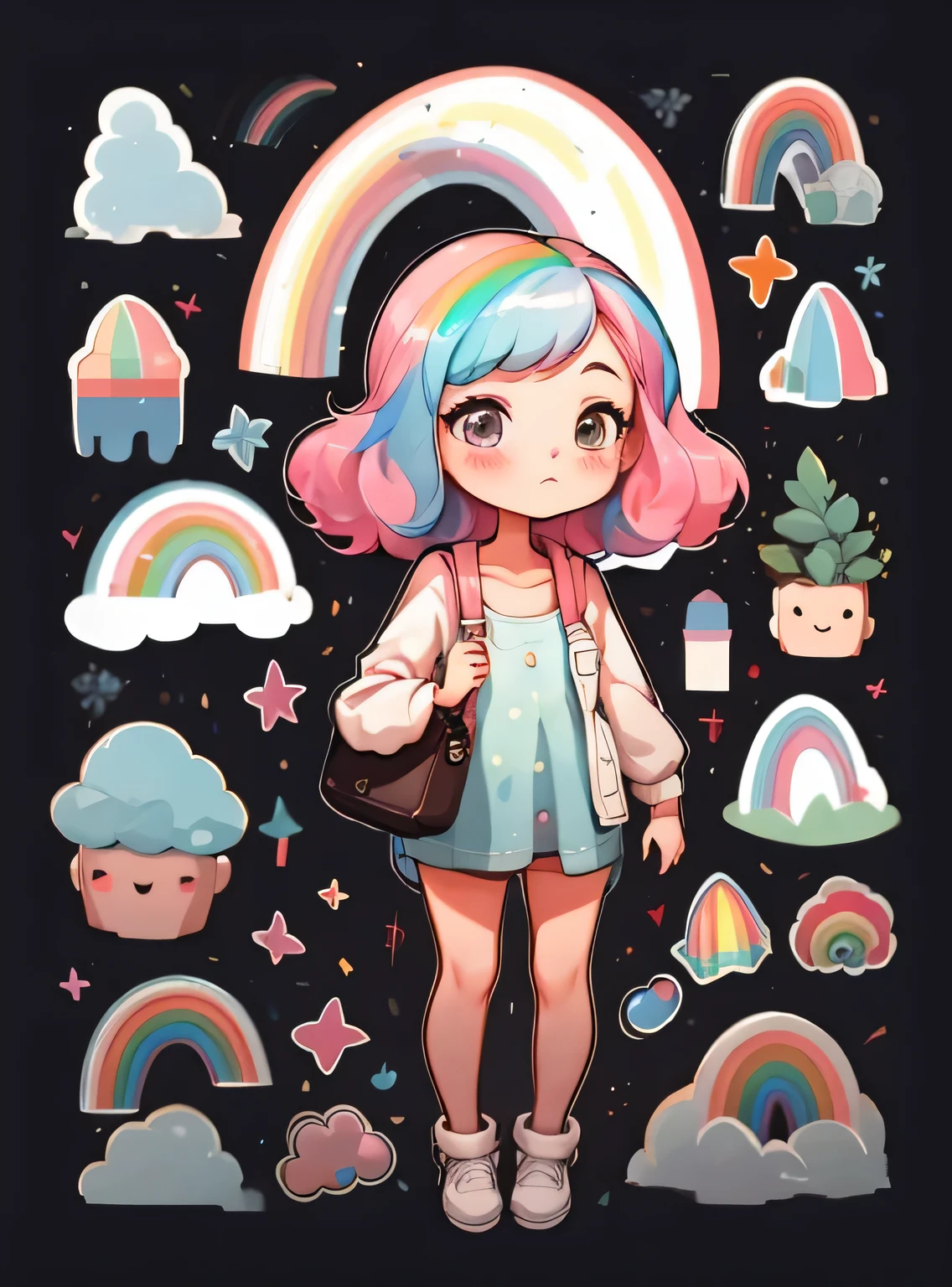 1 garota, fundo simples,3D,mini, corpo todo,cabelo rosa,pano azul,with rainbow