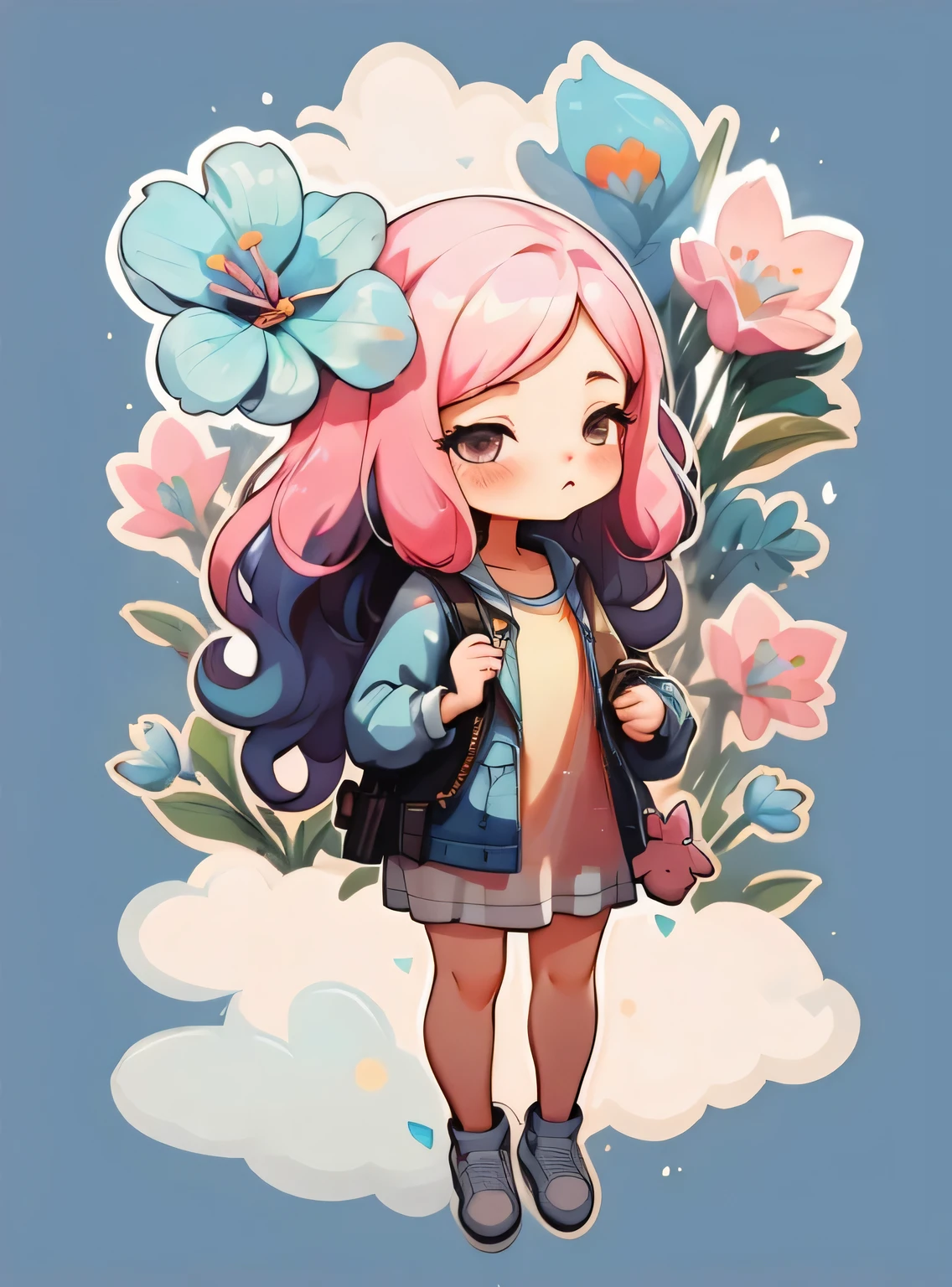 1 garota, fundo simples,3D,mini, corpo todo,cabelo rosa,pano azul,com flores