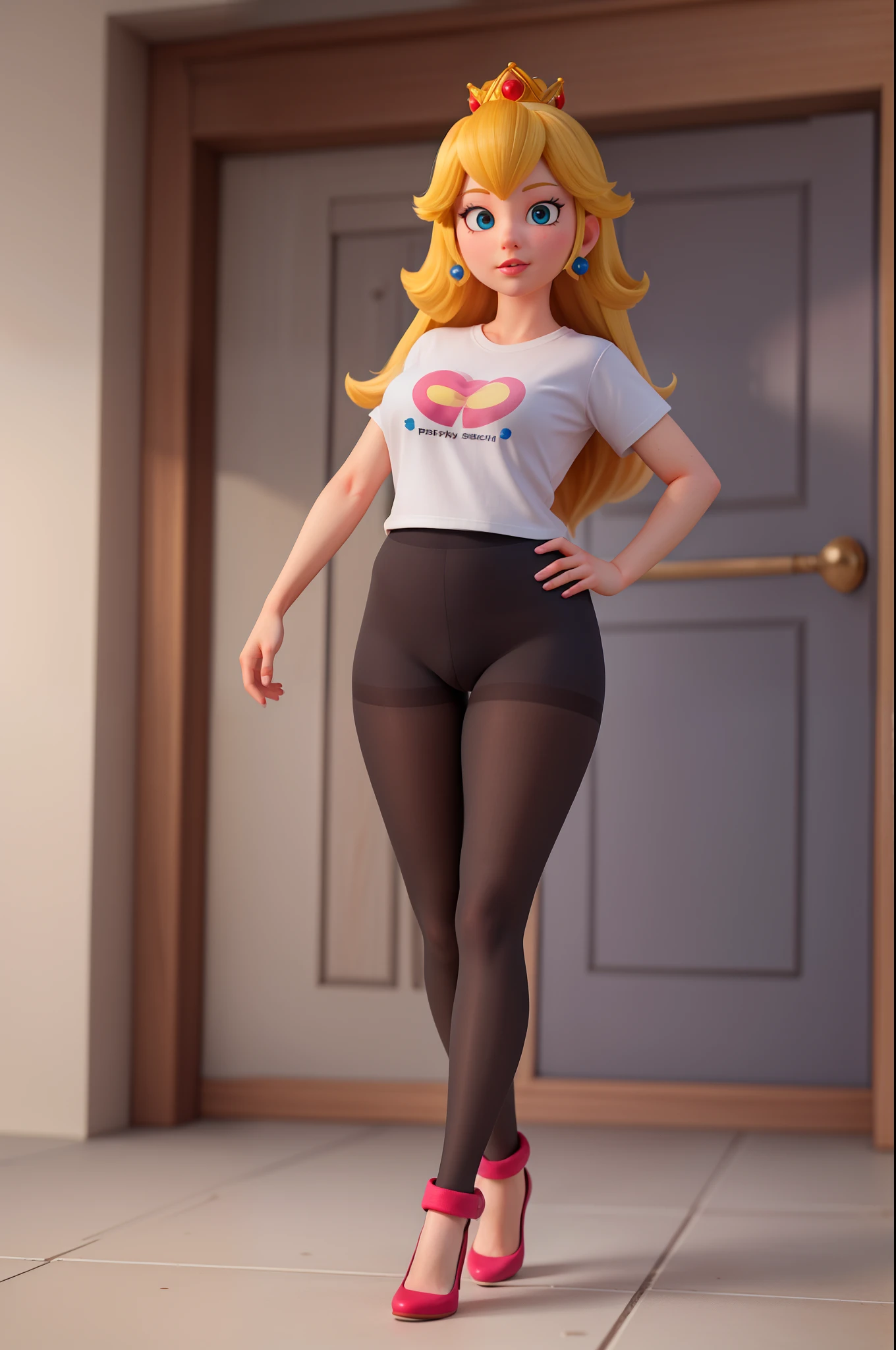 princess peach,pantyhose Leggings,t shirt,looking at the viewer,tight clothes,High quality textures, textures with details, realistic skin,chubby