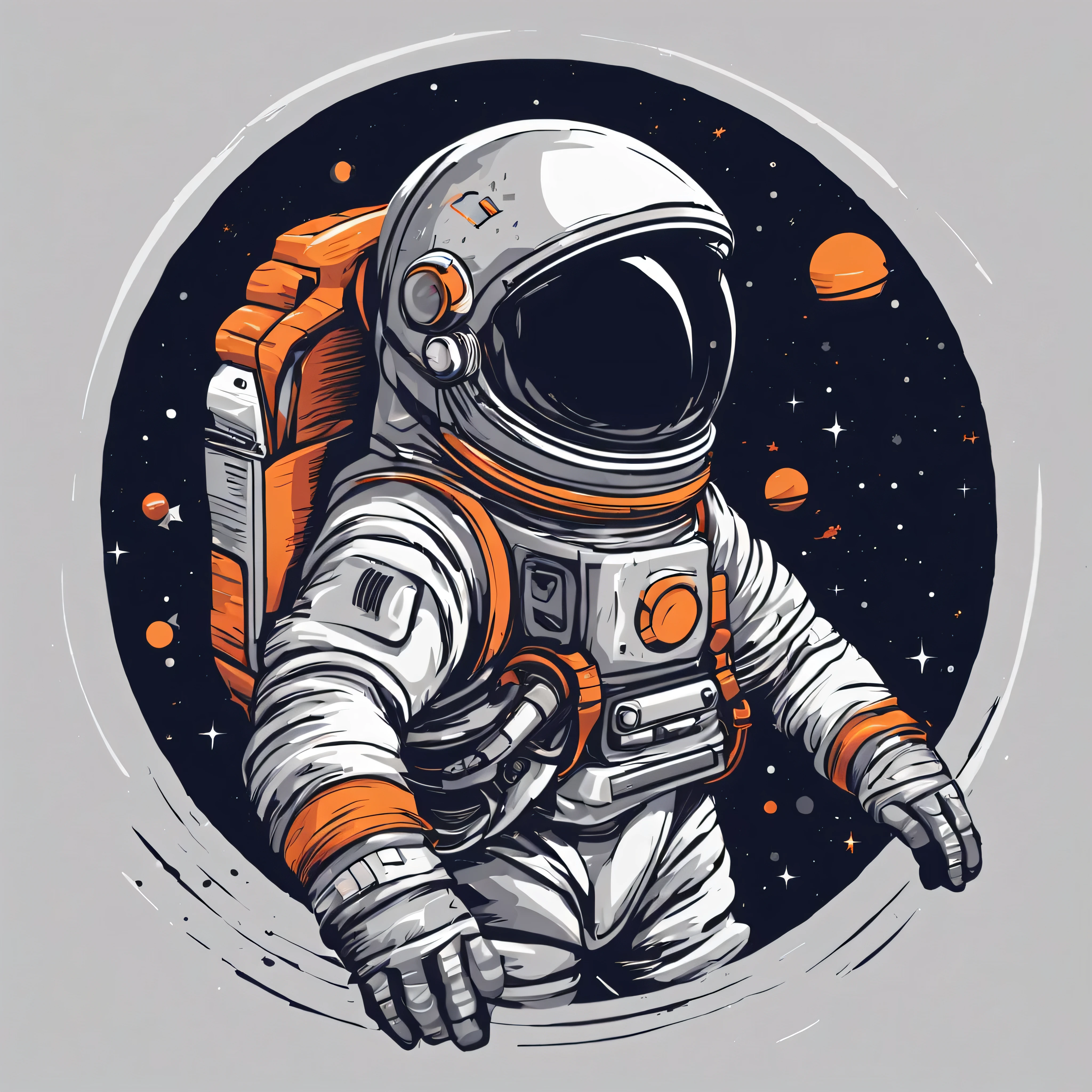 astronaut illustration, espacio, Science fiction, lindo personaje, fondo claro, fondo abstracto salpicadura, Tee-Shirt Design, arte vectorial