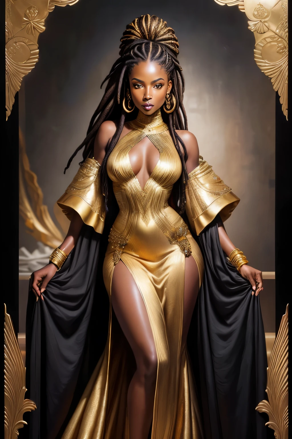 masterpiece, best quality, 1woman with dreads and a fancy luxurious dress posing for a picture, dark skin female, inspired by Magali Villeneuve, black african woman, contemporary clothing, modern clothes, stunning african princess, inspired by Thomas Blackshear, wearing gold and silver dress, detailed character portrait, sleek gold dress