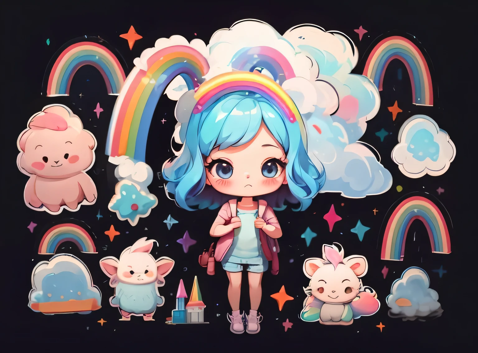 1 garota, fundo simples,3D,mini, corpo todo,cabelo rosa,pano azul,with rainbow