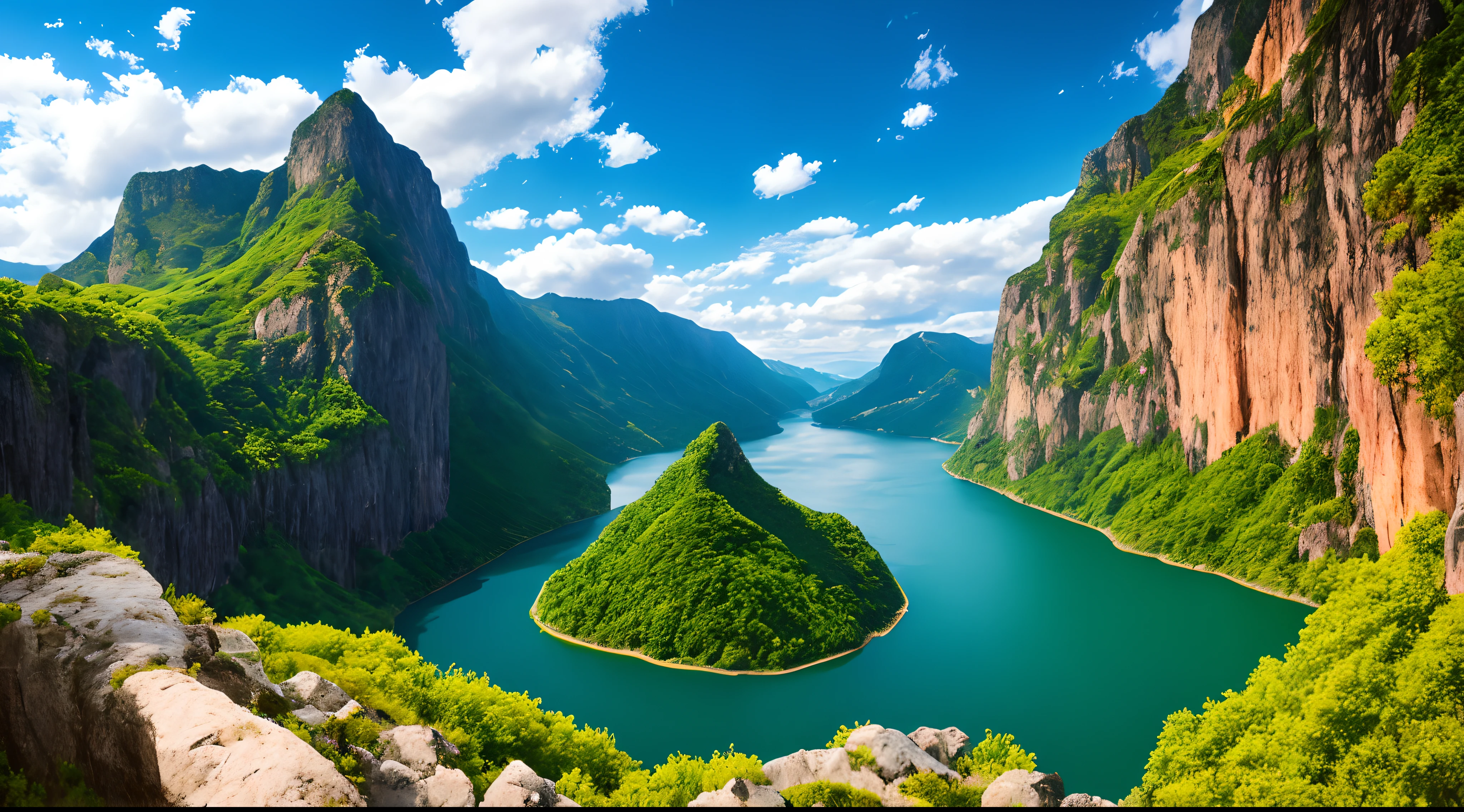 obra de arte, qualidade final, Papel de parede da unidade CG 8k, Super delicado, beautiful sky and clouds, Rica paisagem natural, Cliffs, Lagos e rios, Waterfalls and Flying Water, belas montanhas verdes, no trace of people, Excellent scenery, already won a photography contest, desfoque de fundo, profundidade total de campo, High dynamic HDR, true restoration, Intricado, detalhes extremos, Dramatic presentation, Apresentando perfeitamente o estilo da arte midjourney.