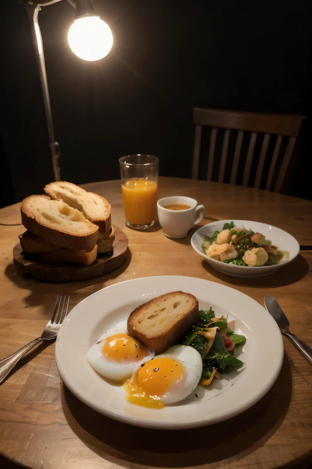 Photography of delicious food in the table, 8k, high quality, high detailed, nice view, studio light,macro photography, epic realistic, perfect eggs, beacon, roasted toast, orange juice, ideal breakfast, well done, greens