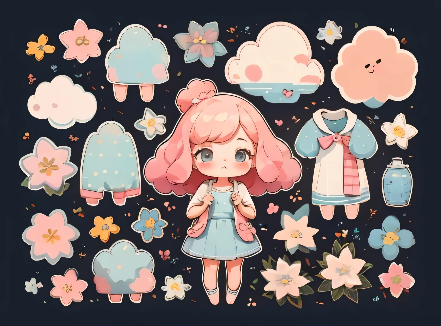 1 garota, fundo simples,3D,mini, corpo todo,cabelo rosa,pano azul,com flores