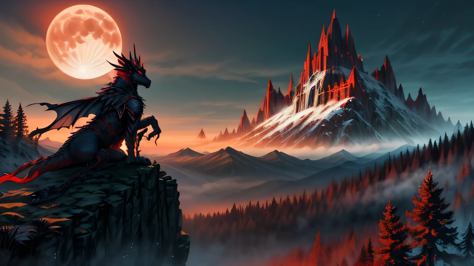 fantasy art, role playing art, super wide shot, raw, lifelike, dark fantasy forest pictures, Mist rises from the ground，crawling mist, now it is night, The moon rises from the horizon, However there is another (A pair of red predator eyes) you see between the trees, The dragon roars on the mountain，There is a golden mountain next to the dragon,gold piled in the dragon&#39;lair