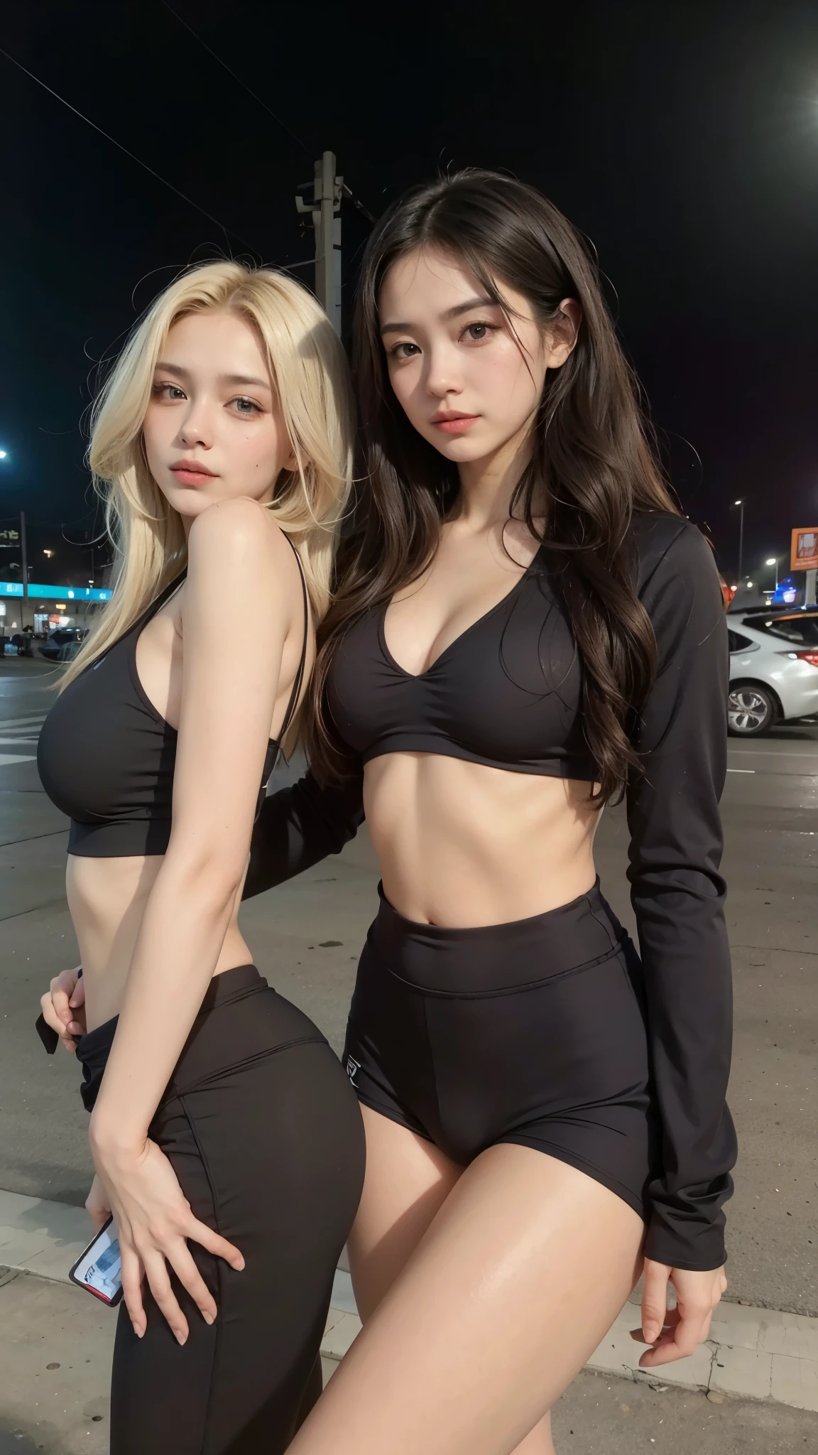 duas mulheres de cueca preta posando para uma foto em um estacionamento, wearing two piece swimsuit, vestindo roupas pretas justas, inspirado em Wang Duo, two piece workout clothes, roupa apertada, roupas esportivas fofas, estilo sexy, com preto, vestindo roupas pretas, sports bra and shorts, roupas pretas justas, usando roupas simples e apertadas, pose atraente, traje apertado, irmas sexys, japonesas, mulheres sexys, olhar marcante, cabelo loiro e cabelo preto