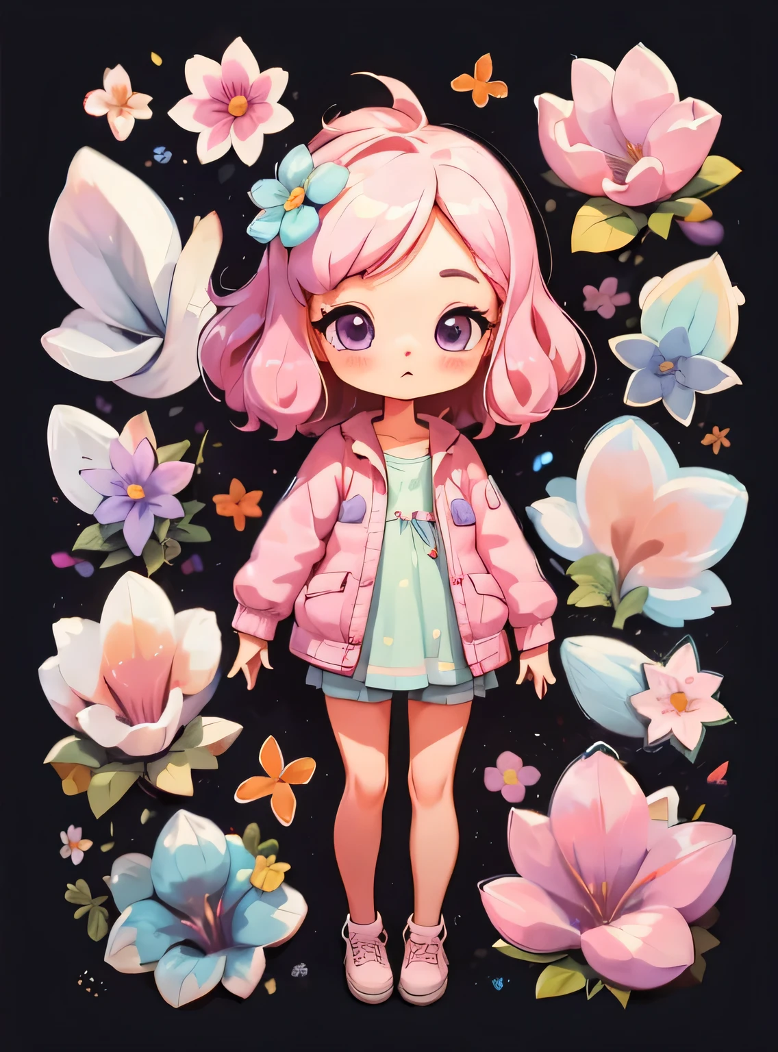 1 garota, fundo simples,3D,mini, corpo todo,cabelo rosa,lilac cloth,com flores