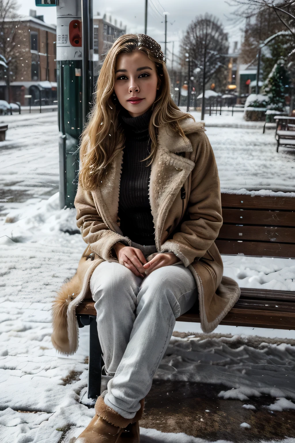 sfw, (best quality,highres),(realistic,photorealistic:1.37),beautiful,detailed,blonde woman with brown eyes,red lips. Pretty blonde haried woman sitting casually on a bench at a fare. Ferris wheel at a distance. It is snowing outside. Woman is wearing brown long fur coat and a white turtleneck. Woman is wearing black mom jeans. Snow outside. snow everywhere, daytime,, wearing uggs on feet. wearing very long dad's fur coat