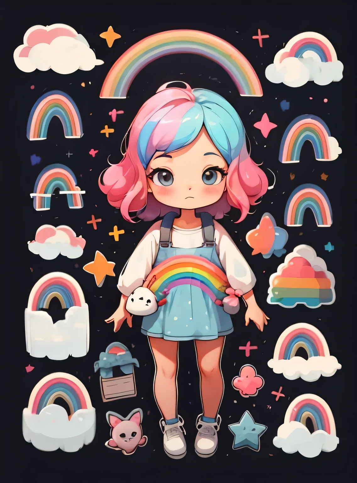 1 garota, fundo simples,3D,mini, corpo todo,cabelo rosa,pano azul,with rainbow