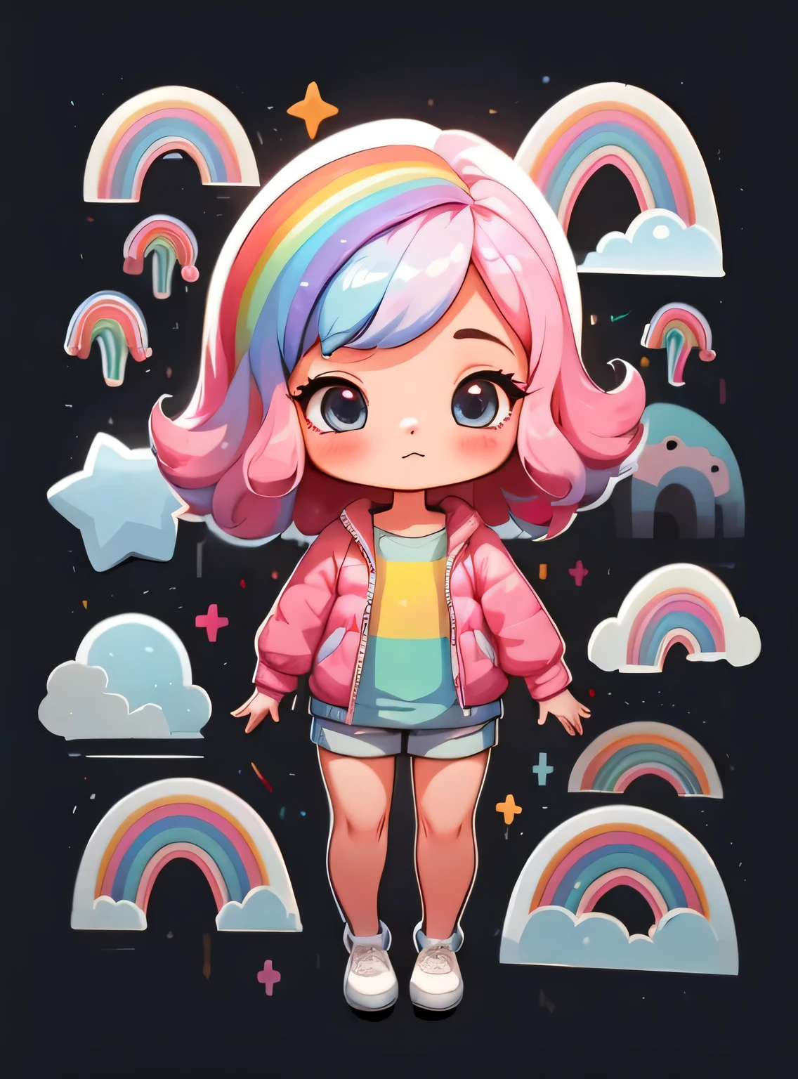 1 garota, fundo simples,3D,mini, corpo todo,cabelo rosa,pano azul,with rainbow