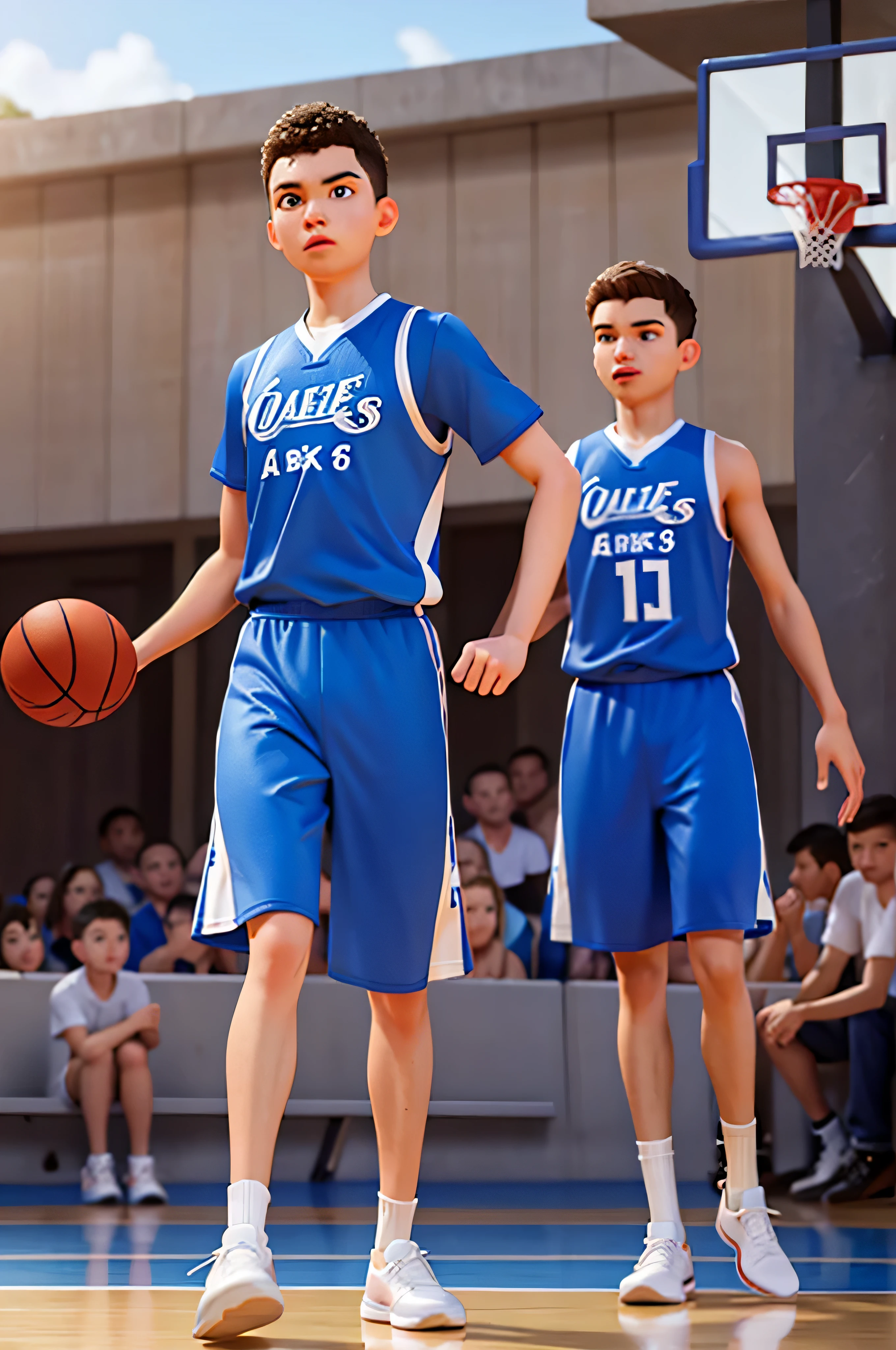 Gerar imagem, alta qualidade, 36K, Ultra-resolution, wide view of the court character: homem, Jovens, wearing blue basketball uniform Action: jogar basquetebol, Tribunal de Rua