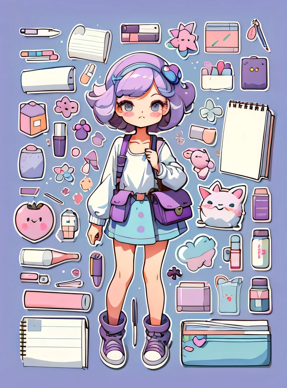 1 adesivo, manual, (uma garota estilosa, modelo, Topo branco, lots of Bonitinho cosmetics, caderno, papelaria, tissue, Bonitinho pouch), fundo roxo e azul, fundo simples, minimum, uva, mirtilo, Bonitinho, pequeno, cor pastel, estilo vetorial, sem gradiente,