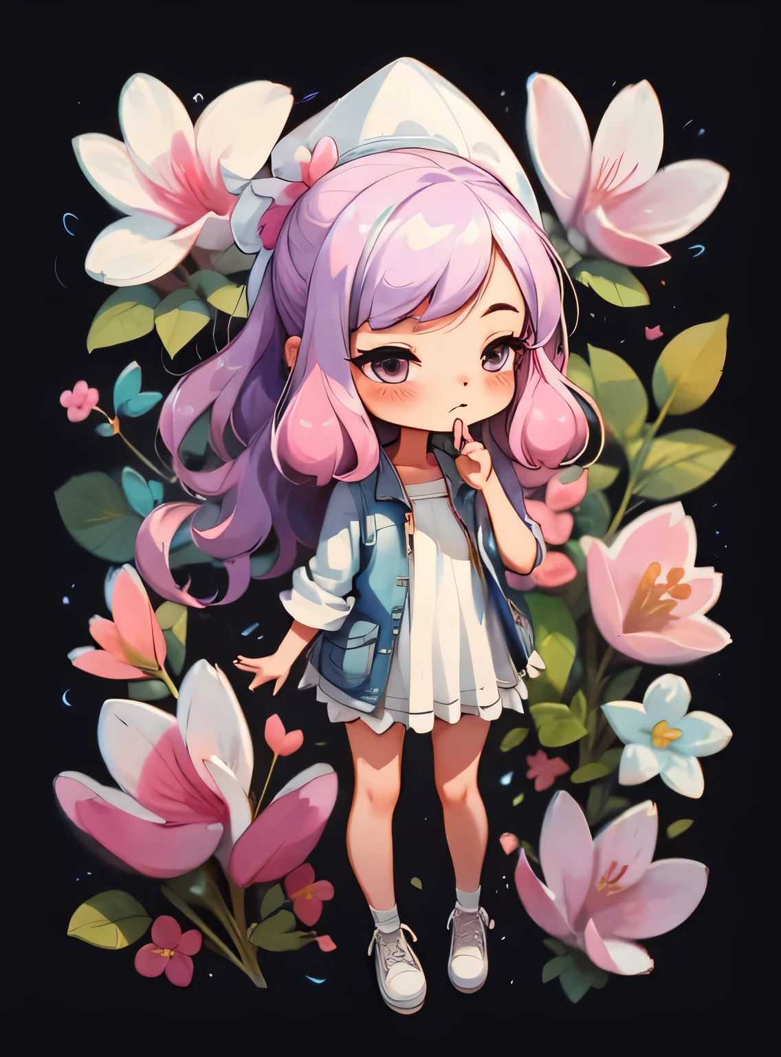 1 garota, fundo simples,3D,mini, corpo todo,cabelo rosa,lilac cloth,com flores