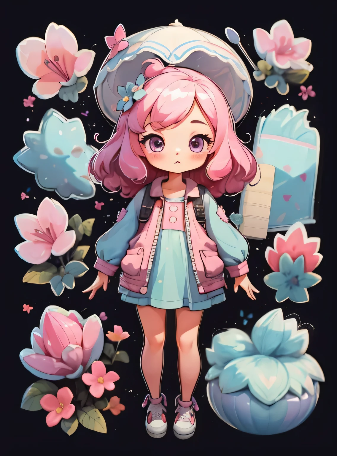 1 garota, fundo simples,3D,mini, corpo todo,cabelo rosa,lilac cloth,com flores