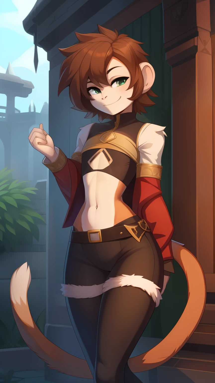 Best quality, Super detailed illustration, (1 boy:1.2), (fluffy monkey:1.4) , feminine face and body, disheveled thick hair, Rogue Clothes,  smug smile, half-closed eyes , Femboy, small waist, wide hips, Slim, perfect body, DND style