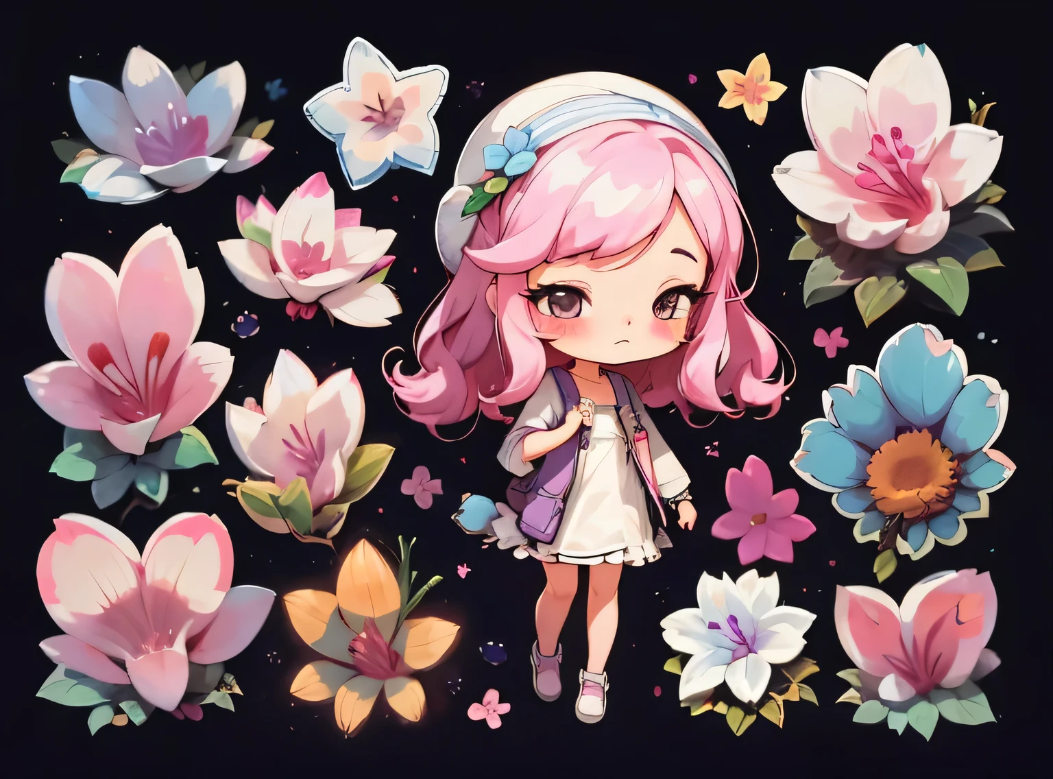 1 garota, fundo simples,3D,mini, corpo todo,cabelo rosa,lilac cloth,com flores