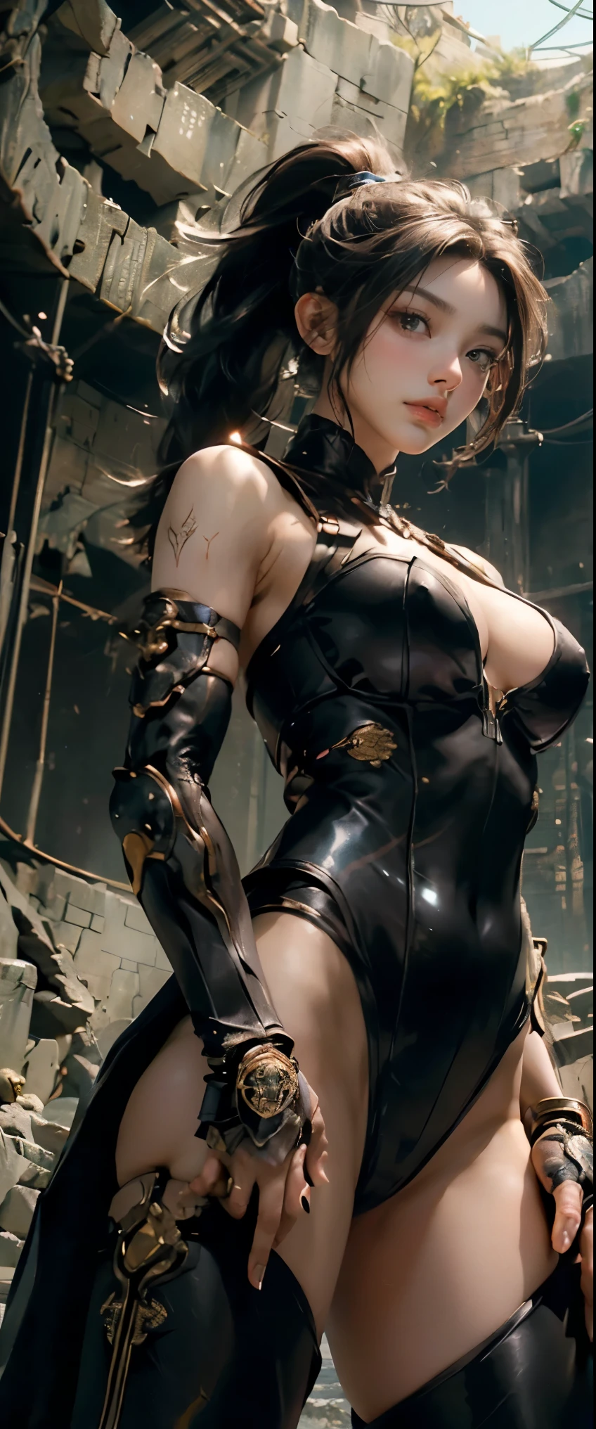 masterpiece、detailed、shiny skin、cyborg female soldier、big breasts、(cleavage)、big ass、(thigh focus)、ponytail、brown eyes、(非常にdetailedな目と顔)、Accurately drawn face、(He wears intricate black armor and a black helmet.)、High-leg leotard with gold decorations、black knee high boots、(Internal machinery exposed through damaged armor:1.2)、vivid contrasting colors、intricately designed details、(best ratio　1 thumb、Refers to 4 books:1.3)、(Wearing an intercom)、(dynamic pose:1.3)、(view from below:1.5)、(View from the front:1.5)、(Underground Arena:1.5)、