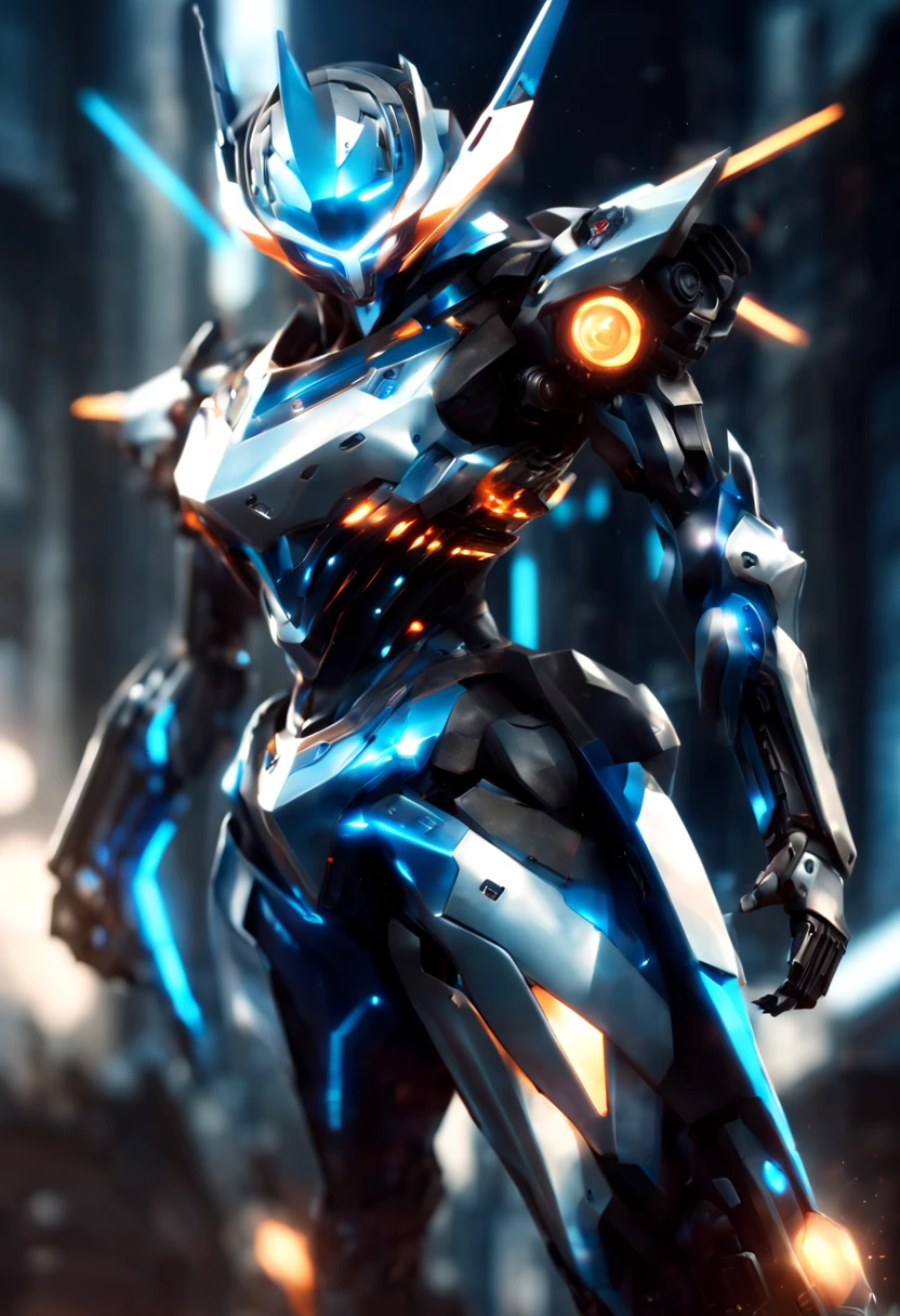 (a futuristic robot:1.1),(mecha warrior),(shiny metallic armor),(glowing blue eyes), (mechanical limbs:1.1),(powerful laser cannons),(jet thrusters:1.1),(futuristic cityscape background),(dystopian atmosphere:1.1),(epic battle),(dramatic lighting:1.1),(dynamic pose),(motion blur),(ultra-detailed),(vivid colors),(sci-fi:1.2)