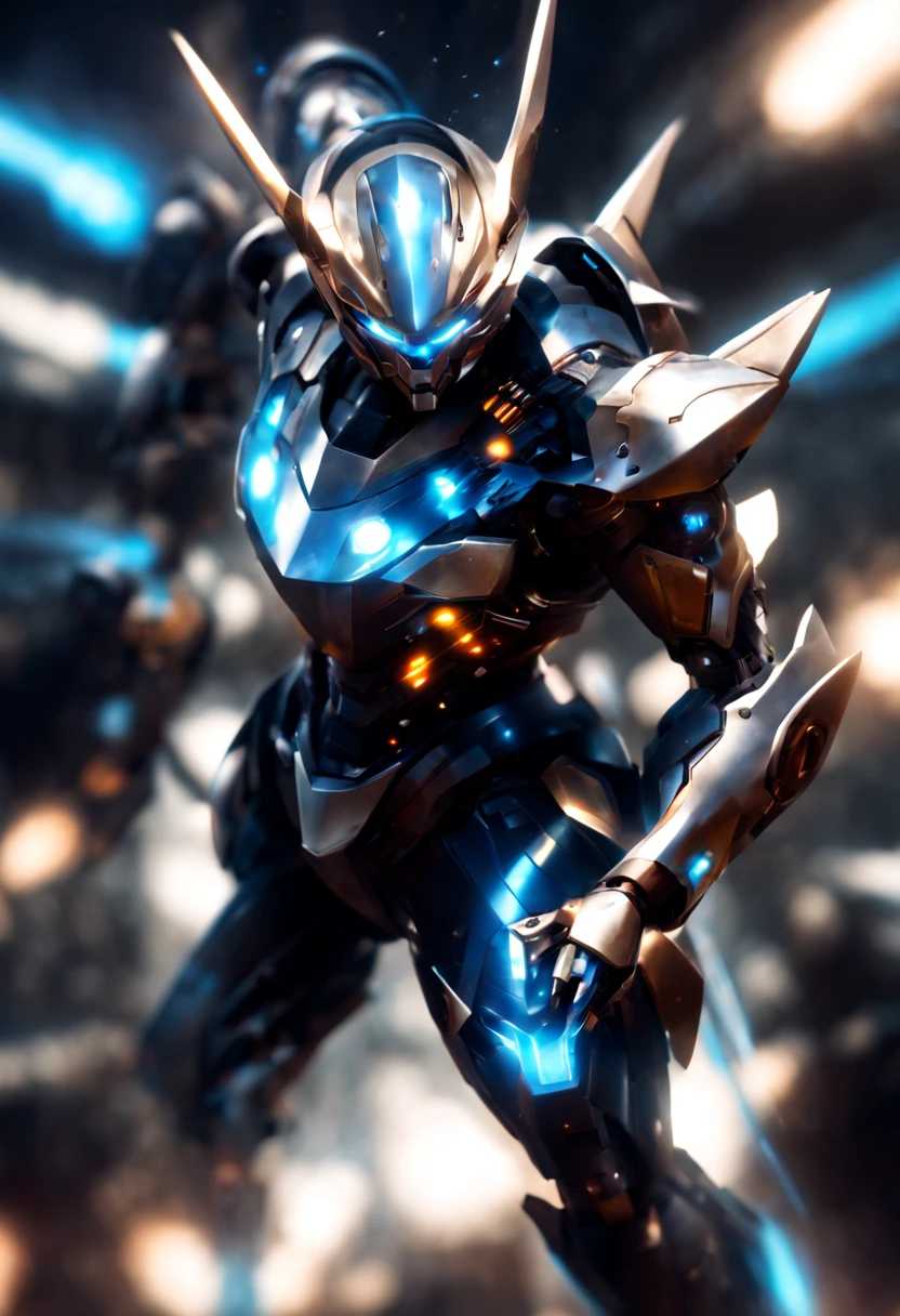 (a futuristic robot:1.1),(mecha warrior),(shiny metallic armor),(glowing blue eyes), (mechanical limbs:1.1),(powerful laser cannons),(jet thrusters:1.1),(futuristic cityscape background),(dystopian atmosphere:1.1),(epic battle),(dramatic lighting:1.1),(dynamic pose),(motion blur),(ultra-detailed),(vivid colors),(sci-fi:1.2)