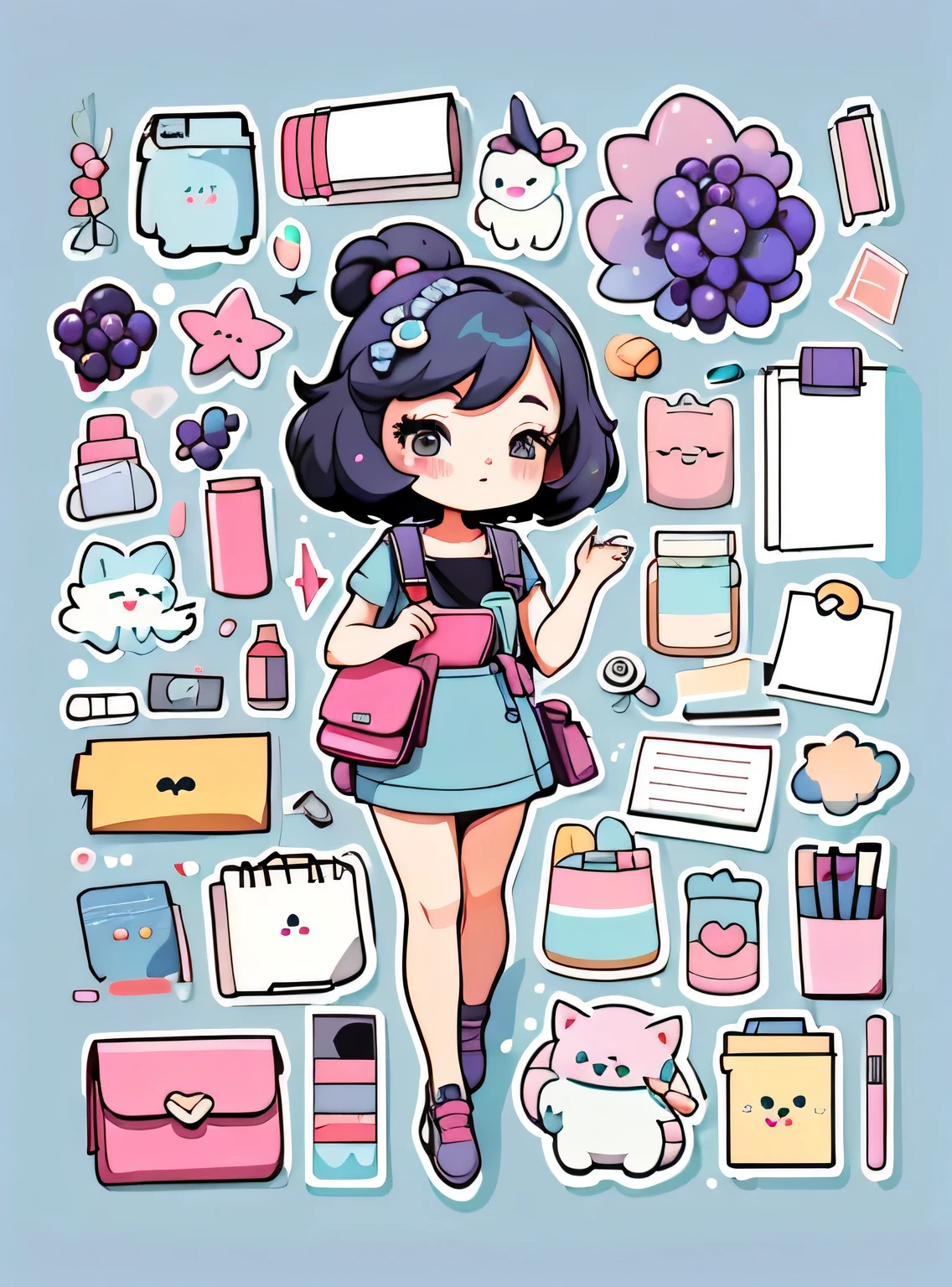 1 adesivo, manual, (uma garota estilosa, modelo, top preto, lots of Bonitinho cosmetics, caderno, papelaria, tissue, Bonitinho pouch), fundo branco e azul, fundo simples, minimum, uva, mirtilo, Bonitinho, pequeno, cor pastel, estilo vetorial, sem gradiente，