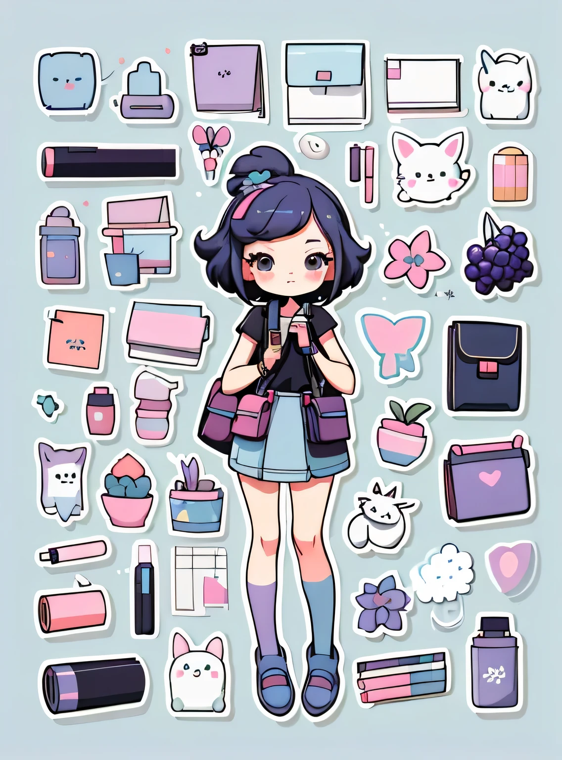 1 adesivo, manual, (uma garota estilosa, modelo, top preto, lots of Bonitinho cosmetics, caderno, papelaria, tissue, Bonitinho pouch), fundo branco e azul, fundo simples, minimum, uva, mirtilo, Bonitinho, pequeno, cor pastel, estilo vetorial, sem gradiente,
