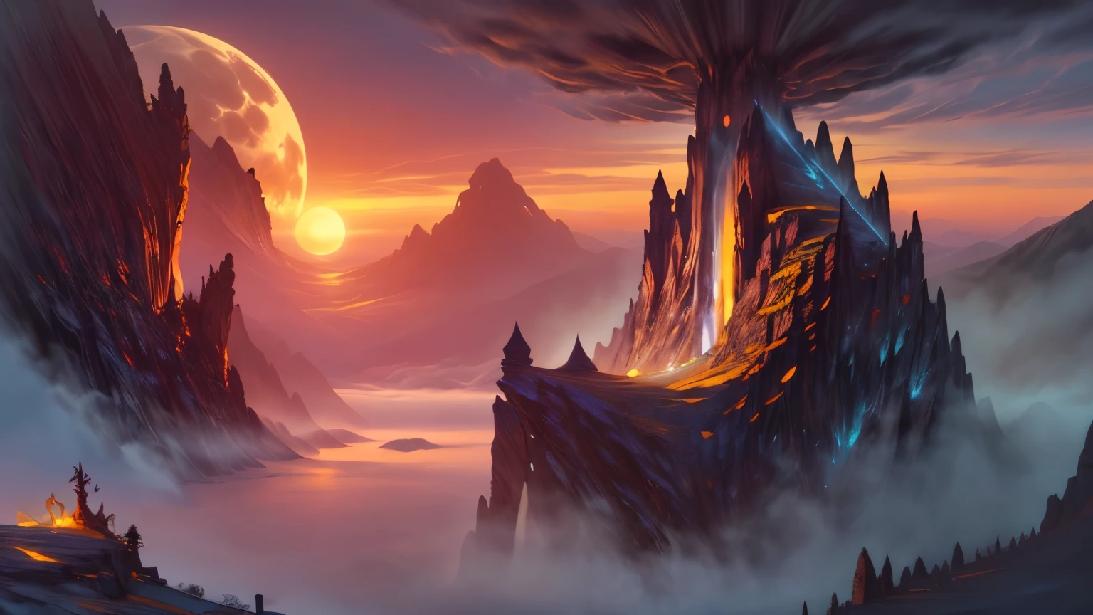 fantasy art, role playing art, super wide shot, raw, lifelike，Pictures of Dark Dragon&#39;s Lair, Mist rises from the ground creeping mist, now it is night, The moon rises on the horizon, The dragon roars on the mountain，Next to the dragon there is a mountain of gold,Gold is piled up in the dragon&#39;s lair，