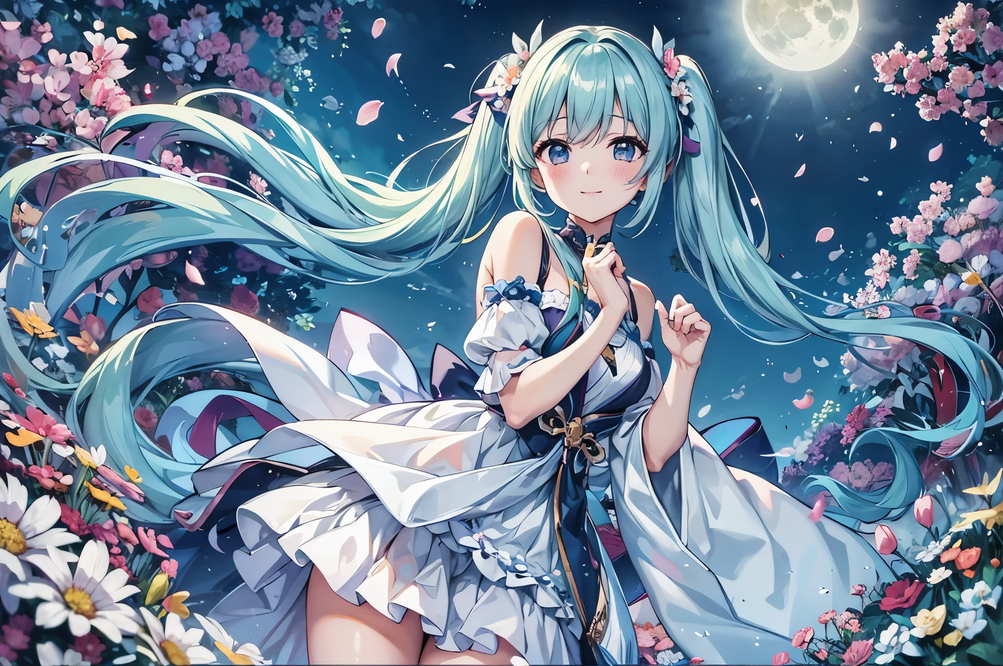 Girl Standing In The Middle. adorable smile、
light blue long hair、The hairstyle is twin tails、
If the sea of flowers were as beautiful as a dream, Then the girl was the dream of all beautiful dreams.
sheの目はsheの歯と同じくらい輝いていました. she'At first glance it looks like a countryside、、、、々There was a look of destruction in his eyes........ sheの肌は翡翠のように完璧だった, and soft like a flower. sheを妖精の化身と呼ぶのはsheにとって侮辱だろう...... she was a peerless beauty who could bend even flowers....., And the moon hides shyly.