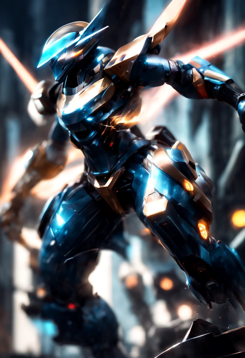 (a futuristic robot:1.1),(mecha warrior),(shiny metallic armor),(glowing blue eyes), (mechanical limbs:1.1),(powerful laser cannons),(jet thrusters:1.1),(futuristic cityscape background),(dystopian atmosphere:1.1),(epic battle),(dramatic lighting:1.1),(dynamic pose),(motion blur),(ultra-detailed),(vivid colors),(sci-fi:1.2)