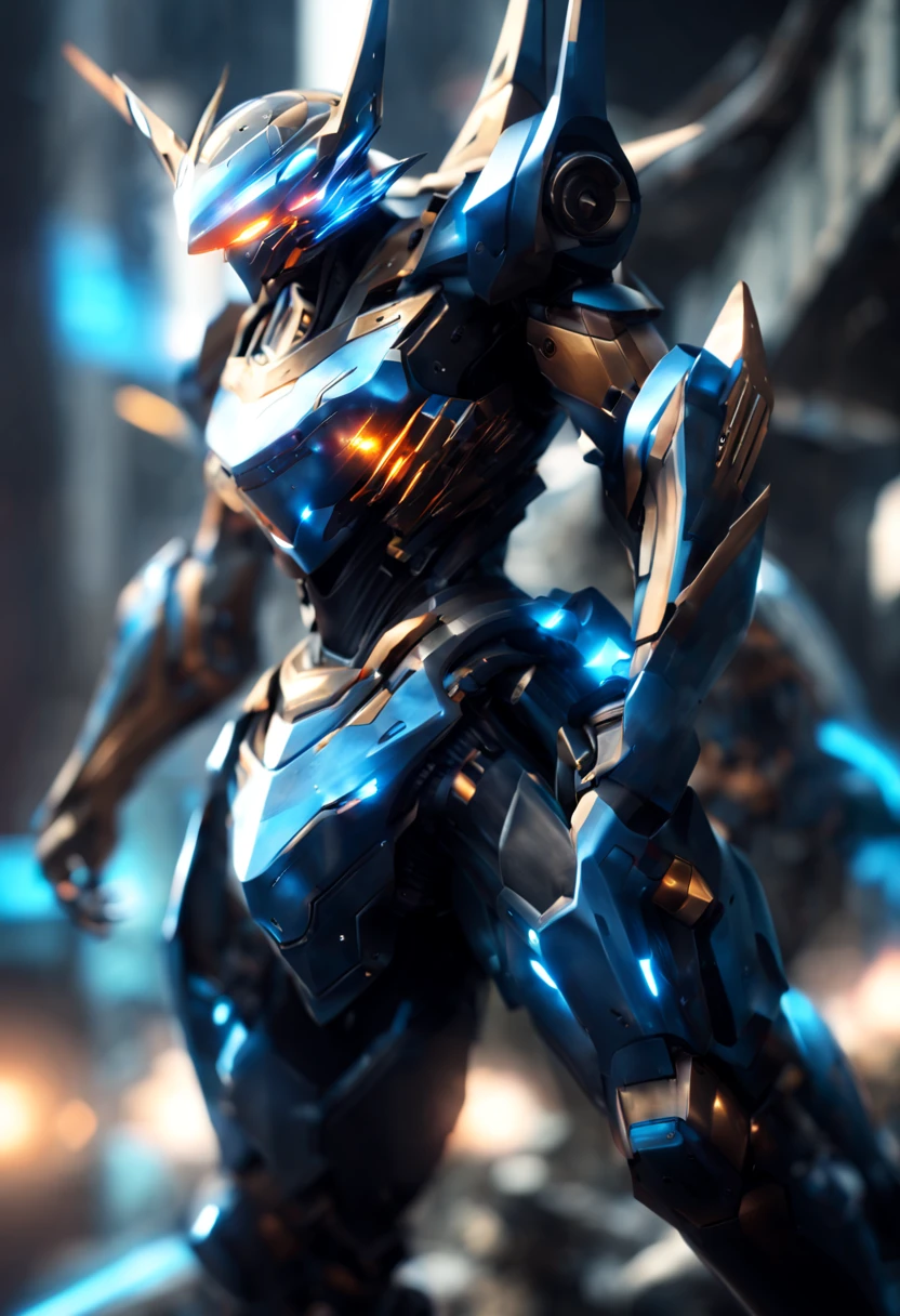 (a futuristic robot:1.1),(mecha warrior),(shiny metallic armor),(glowing blue eyes), (mechanical limbs:1.1),(powerful laser cannons),(jet thrusters:1.1),(futuristic cityscape background),(dystopian atmosphere:1.1),(epic battle),(dramatic lighting:1.1),(dynamic pose),(motion blur),(ultra-detailed),(vivid colors),(sci-fi:1.2)