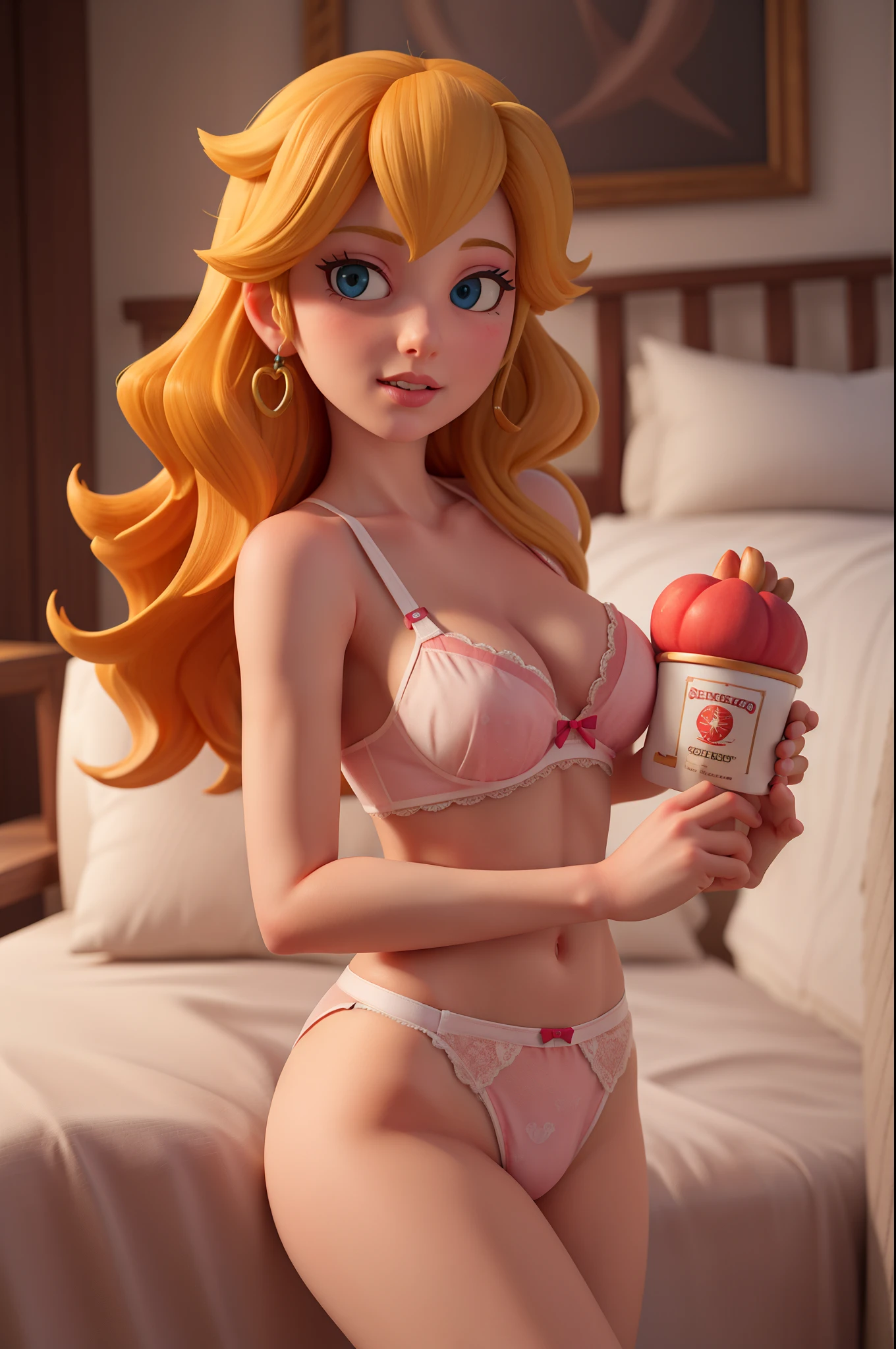 princess peach,pajama lingerie,looking at the viewer,High quality textures, textures with details, realistic skin,ultra realistic textures