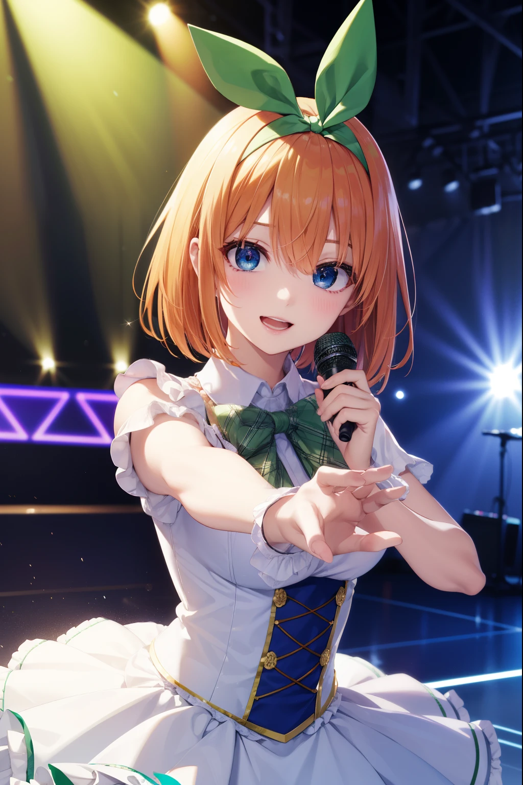 yotsubanakano, Nakano Yotsuba, bangs, short hair, blue eyes, hair between eyes, hair ribbon, hair band, orange hair, Green Ribbon, 最高のsmile, low person, green bow, Green Ribbon, (idol costume:1.3), (frills:1.1), Upper body, Stage Background, highest quality, High resolution, unity 8k wallpaper, (shape:0.8), (beautiful and detailed eyes:1.3), highly detailed face, perfect lighting, Detailed CG, (perfect hands, perfect anatomy), smile,have a microphone, (Song:1.3), (dance:1.3)