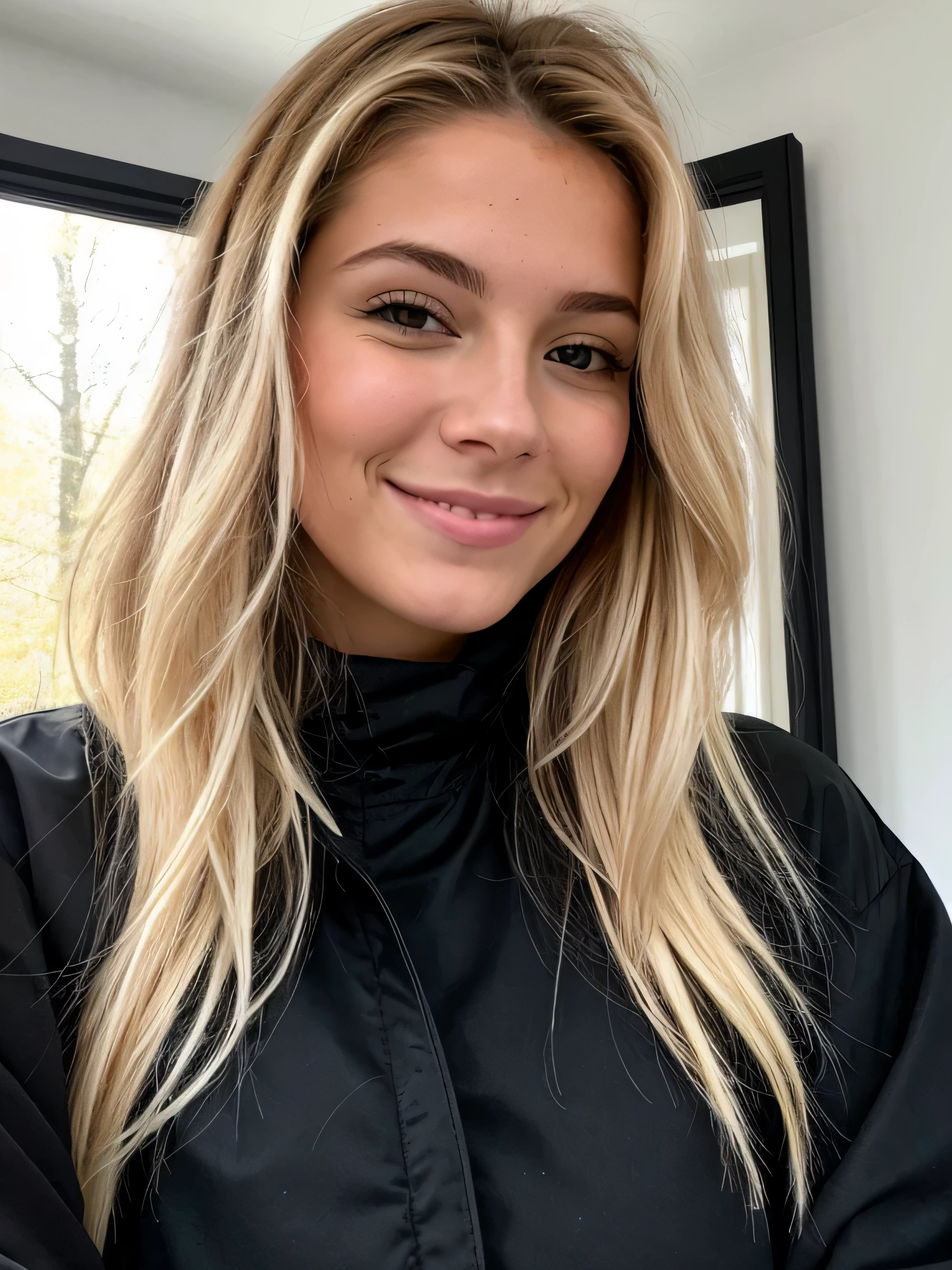 une femme blonde souriante de 23 ans, ((hyperréalisme)), Gros plan sur le visage, très gros zoom sur le visage, Cheveux blonds avec des racines châtain clair., cheveux blond, Cheveux avec des racines brunes, cheveux extra longs, cheveux très longs, cheveux très longs, beau, vue de face, selfie, prix photo avec iPhone, contre plongée, vue de dessus, blouson d'hiver noir, ciel en arrière plan, le ciel prend toute la place dans le fond