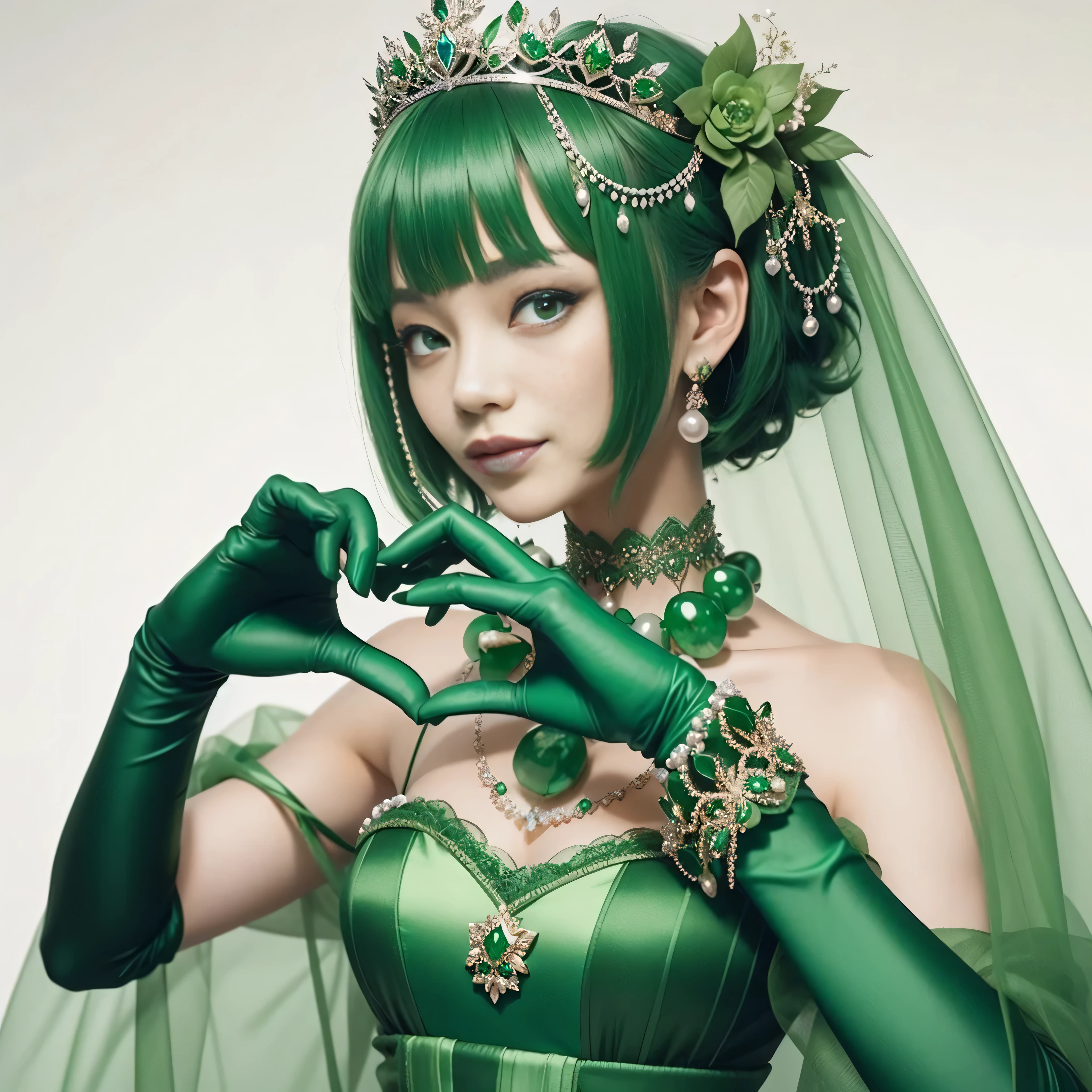 emerald tiara, green pearl necklace, ボーイッシュな非常に短いgreen hair, lipstick, smiling Japanese woman, very short hair, Beauty with large breasts, green eyes, Long Green Satin Gloves, green eyes, emerald earrings, green veil, heart with both hands, green hair, beautiful japanese woman, heart shaped hand:1.3