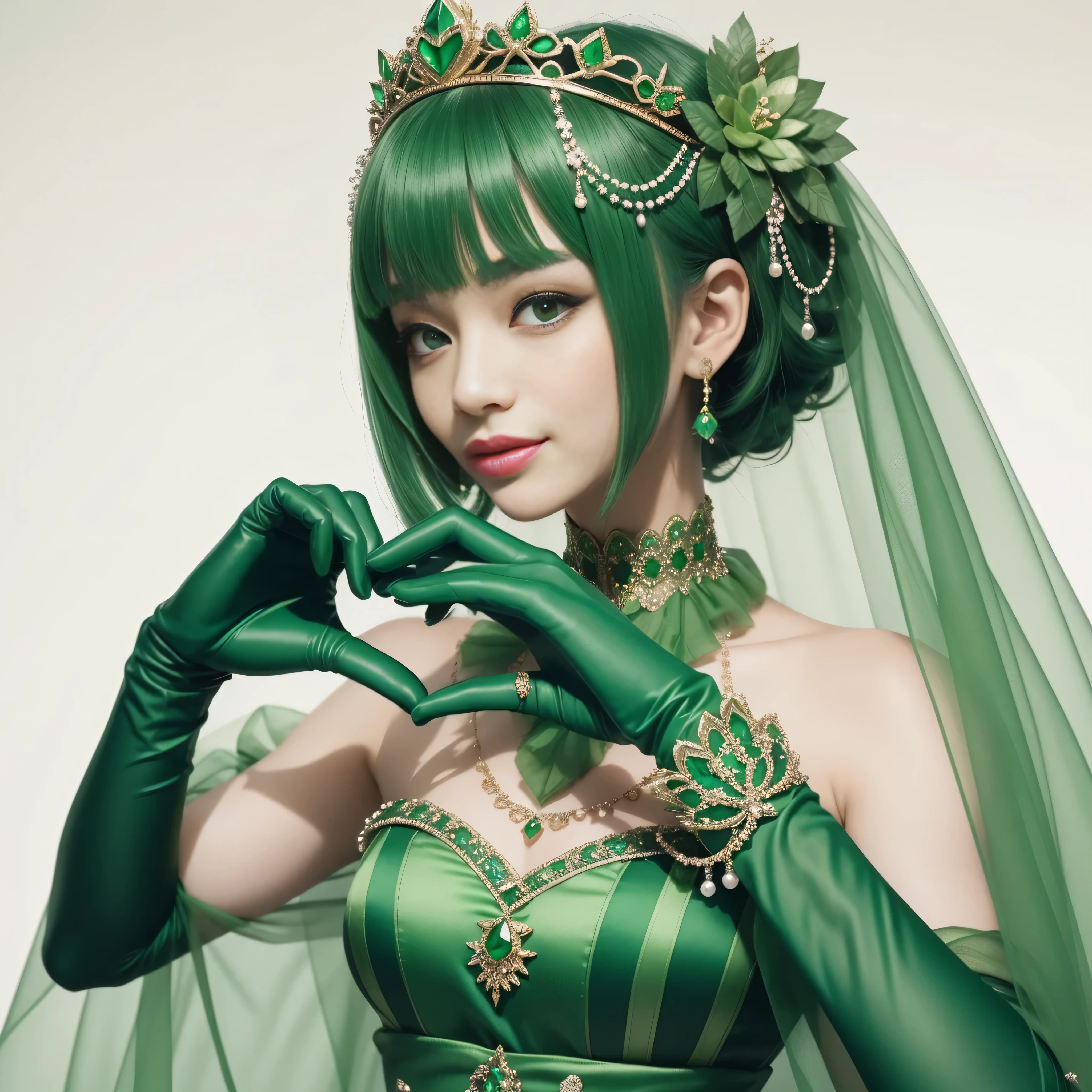 emerald tiara, green pearl necklace, ボーイッシュな非常に短いgreen hair, lipstick, smiling Japanese woman, very short hair,  Beauty with large breasts, green eyes, Long Green Satin Gloves, green eyes, emerald earrings, green veil, heart with both hands, green hair, beautiful japanese woman, heart shaped hand:1.3, green lip gloss