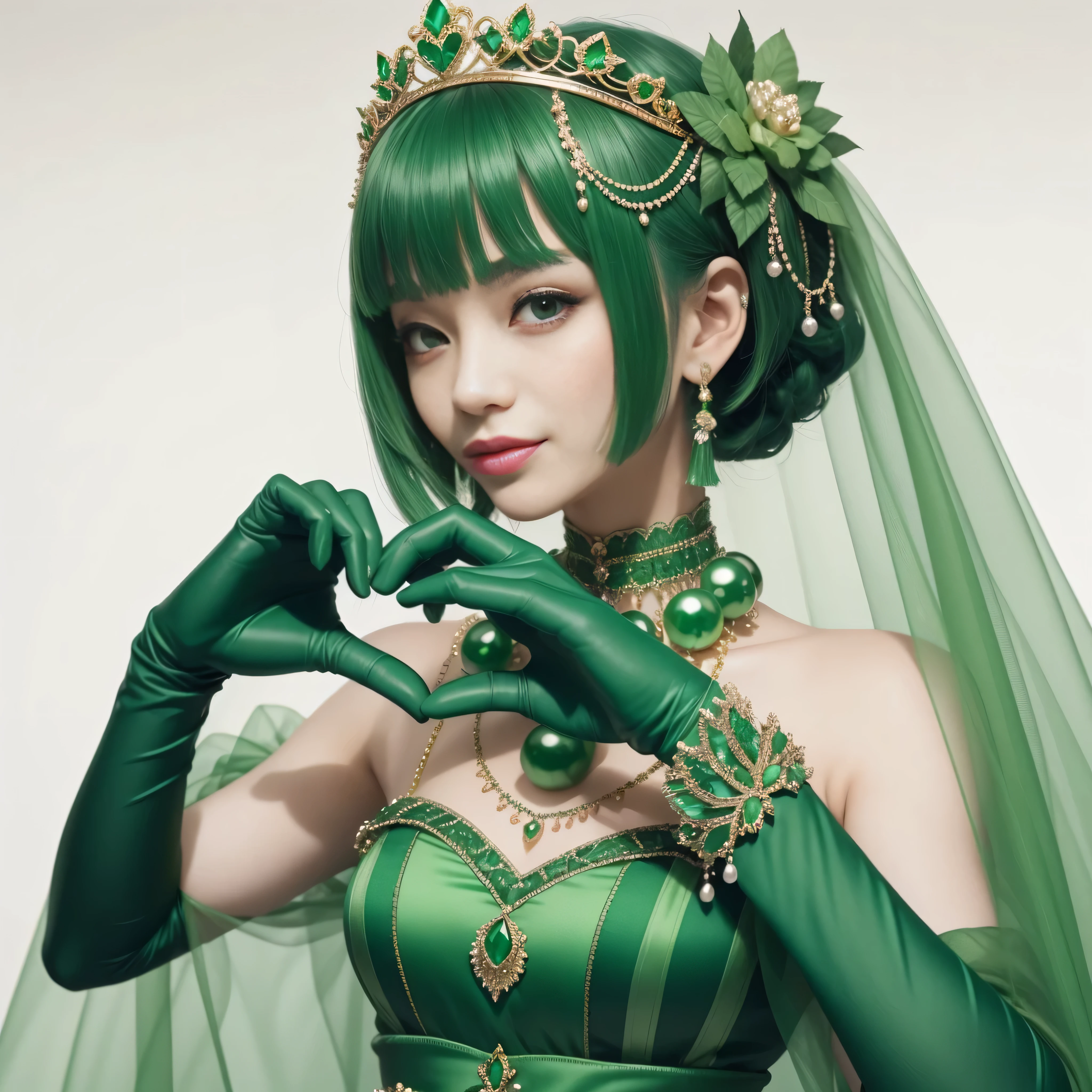 emerald tiara, green pearl necklace, ボーイッシュな非常に短いgreen hair, lipstick, smiling Japanese woman, very short hair, Beauty with large breasts, green eyes, Long Green Satin Gloves, green eyes, emerald earrings, green veil, heart with both hands, green hair, beautiful japanese woman, heart shaped hand:1.3, green lip gloss