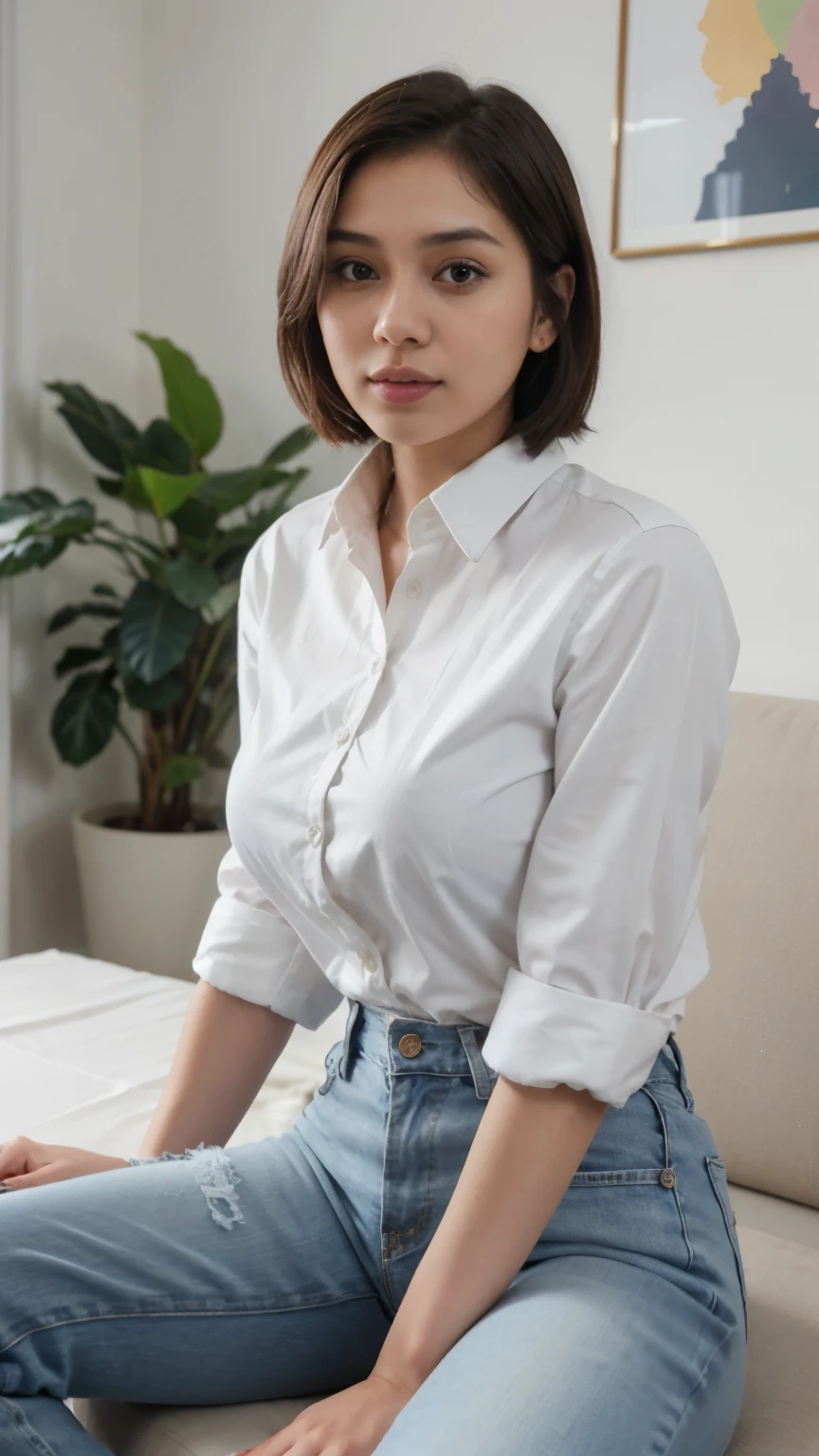 (extremely detailed, best quality) Zahra Ayu 23 years old 160cm 55kg wearing white button shirt, short blue jeans, short wavy hair. Bright face. Sitting in a chair inside room. Big breast jumbo. bright photo.