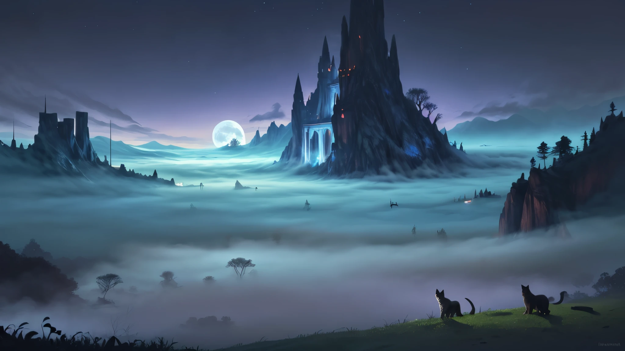 arte de fantasia, arte de RPG, plano super amplo, Cru, Realista, fotos de floresta de fantasia sombria, dogs and cats, Mist rises from the ground, creeping fog, Now, it's night, A lua nasce no horizonte, fadas, cats, dogs, grande lua