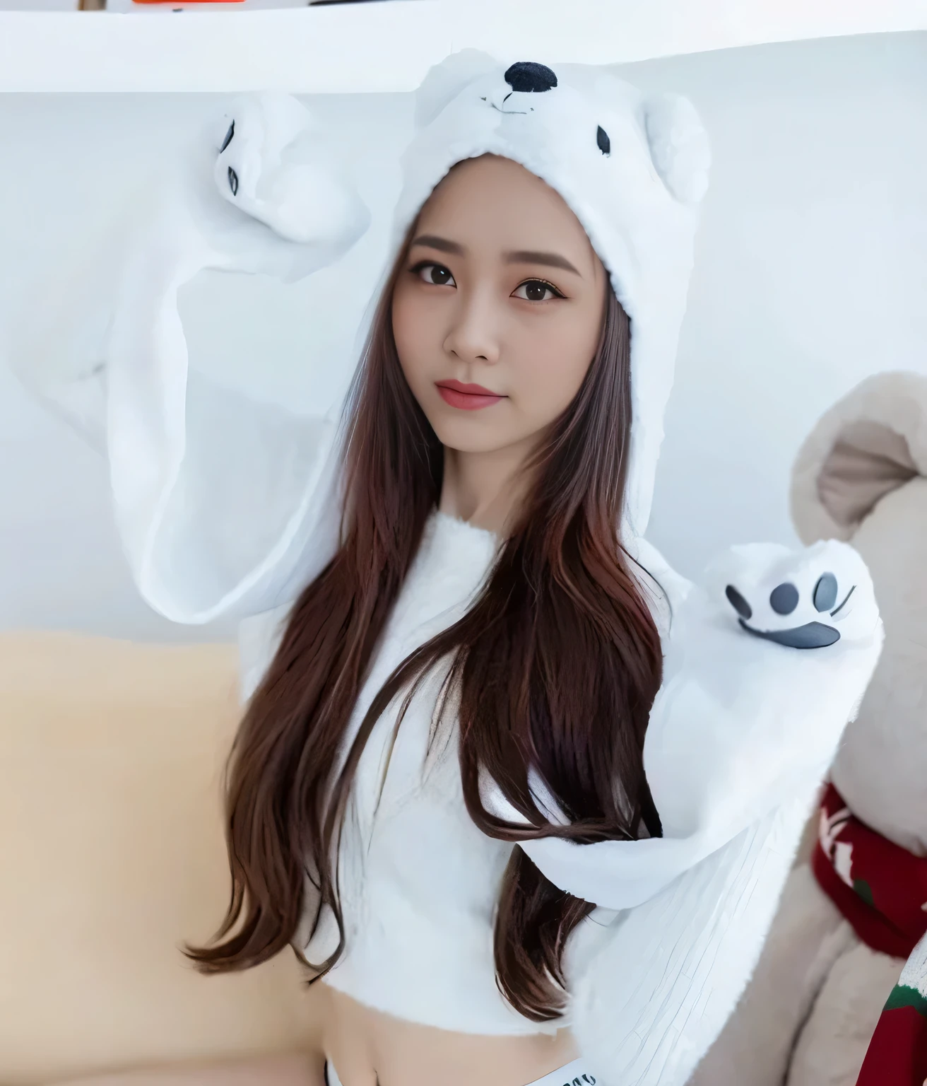 araffe girl in a white bear hat and a teddy bear, with long floppy rabbit ears, pokimane, dilraba dilmurat, ulzzang, ruan cute vtuber, black haired girl wearing hoodie, hat and hoodie, tian zi, white fox ears, animal hat, girl wearing hoodie, paws on head