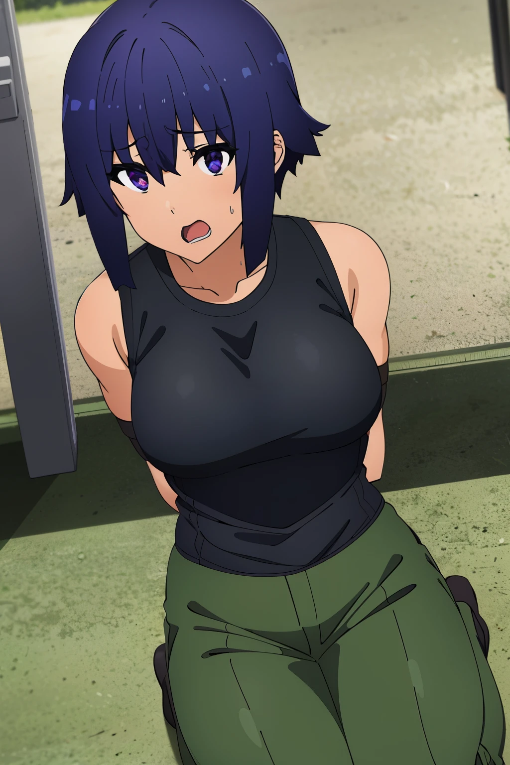 (highres,best_quality,anime_screencap),
(1girl, solo, hibiki_riou), black tank top, ((from bellow)), ((purple eyes)), (((white skin))), blue hair, (blush), shy, frown, close one eye, ((Sweat)), ((big breasts)), How to write a correction,masterpiece, highest quality, ((((hands tied behind)))), ((turn your arms behind your back)), concrete floor, concrete wall, undergroundで, underground, Seiza, wariza, open mouth, green pants, ((sitting on the floor)), (shiny hair:1.05), (shiny skin:0.97), (Big eyes:0.95)