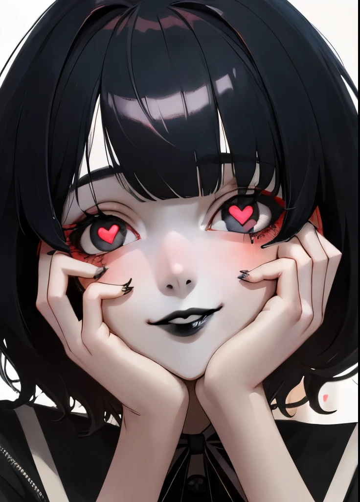 ((best quality)), ((highly detailed)), masterpiece, absurdres, detailed face, beautiful face, (1girl), yandere trance, yandere, hands on own face, hands on own cheeks, creepy, messy bangs, short messy hair, black hair, smiling, black lipstick, wide angle, heart-shaped_pupils, tan