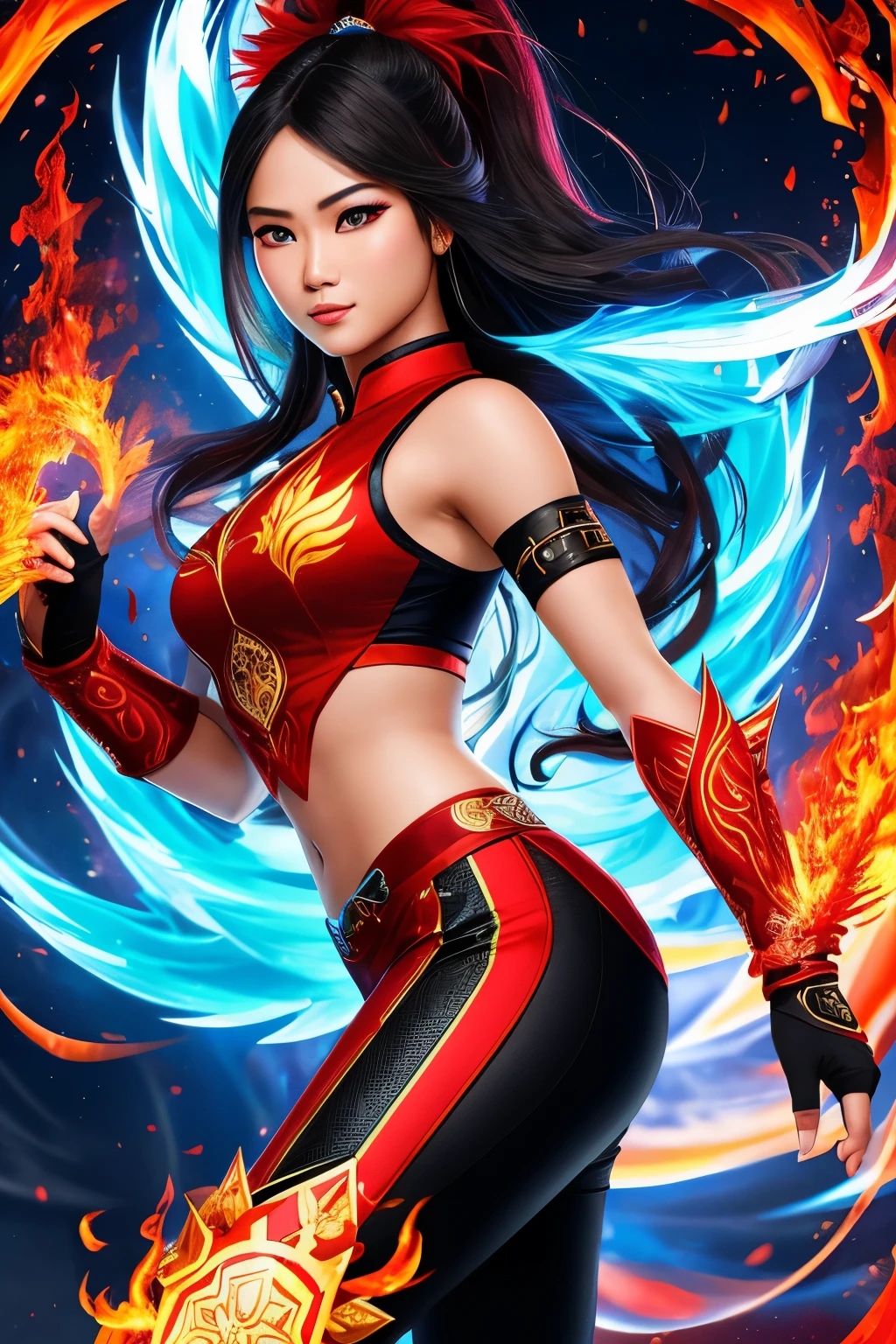 A breathtakingly detailed, 16k HD high-resolution image of a 25-year-old Indonesian woman in an elemental fighting pose. Her expressive red and blue eyes, adorned with a blust effect, radiate power and intensity. She is clad in the vibrant Fusion Flame & Aqua Attire, showcasing the intricate logos of both fire and water elements. Her lower body is covered by the Dual Essence Leggings, the unique texture of which seamlessly blends with the design of her Blaze & Splash Boots.
In her hands, the Elemental Fusion Blade gleams menacingly. The