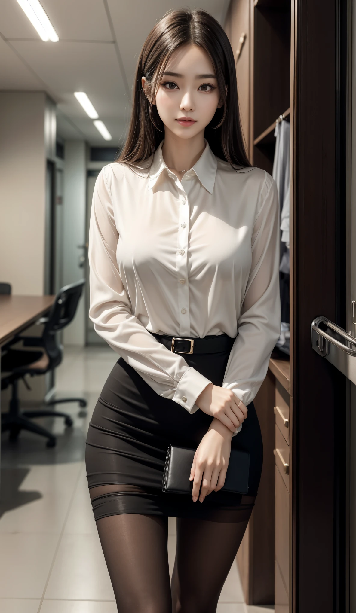 Ultra-detailed、masterpiece、top quality、Ultra A high resolution、8 thousand、high-level image quality、live action、Photogenic clarity、eye for detail、gradation、perfect anatomy body proportions ,hard disk、nffsw , nikon z9 80mm lens 、table top、Beautiful female teacher, Skirt and thighs、20 years old、walk along the hallway、office uniform, Wear a luxurious silk shirt, Young and beautiful girl, perfect body매, perfect body매, Full POV, perfect body, (Start below:1.3), obscene pose,(Wear pantyhose,Realistic pantyhose)、(huge breasts:1.0), long sexy legs, (thigh gap:1.5),wide hips,Elegant slim beige blouse, pretty korean girl, kpop idol,(pale skin), (big eyes),(smile:0.8),business clothes, business attire, wearing a shirt, merchant, flesh colored silk socks, Cream-colored blouse, Wear an ultra-thin shirt, Silk clothing, Wearing a business casual dress, wearing a suit, business attire, formal attire、super detailing, realistic skin texture, detailed production, Beautiful eye for detail, Make-up - Make-up、sparkling eyes、Shiny Lip、high heel、half body shot、S-shaped body, flipped ass,