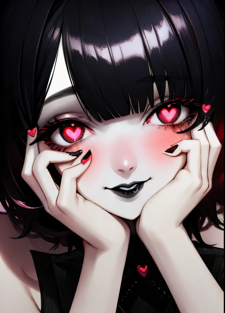 (1girl), yandere trance, yandere, hands on own face, hands on own cheeks, creepy, messy bangs, short messy hair, black hair, smiling, black lipstick, wide angle, heart-shaped_pupils, tan, smoky eyes, mascara, eyeliner, blush