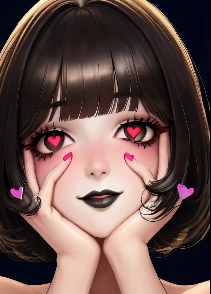 ((best quality)), ((highly detailed)), masterpiece, absurdres, detailed face, beautiful face, (1girl), yandere trance, yandere, hands on own face, hands on own cheeks, creepy, messy bangs, short messy hair, black hair, smiling, black lipstick, wide angle, heart-shaped_pupils, tan, smoky eyes, mascara, eyeliner, blush