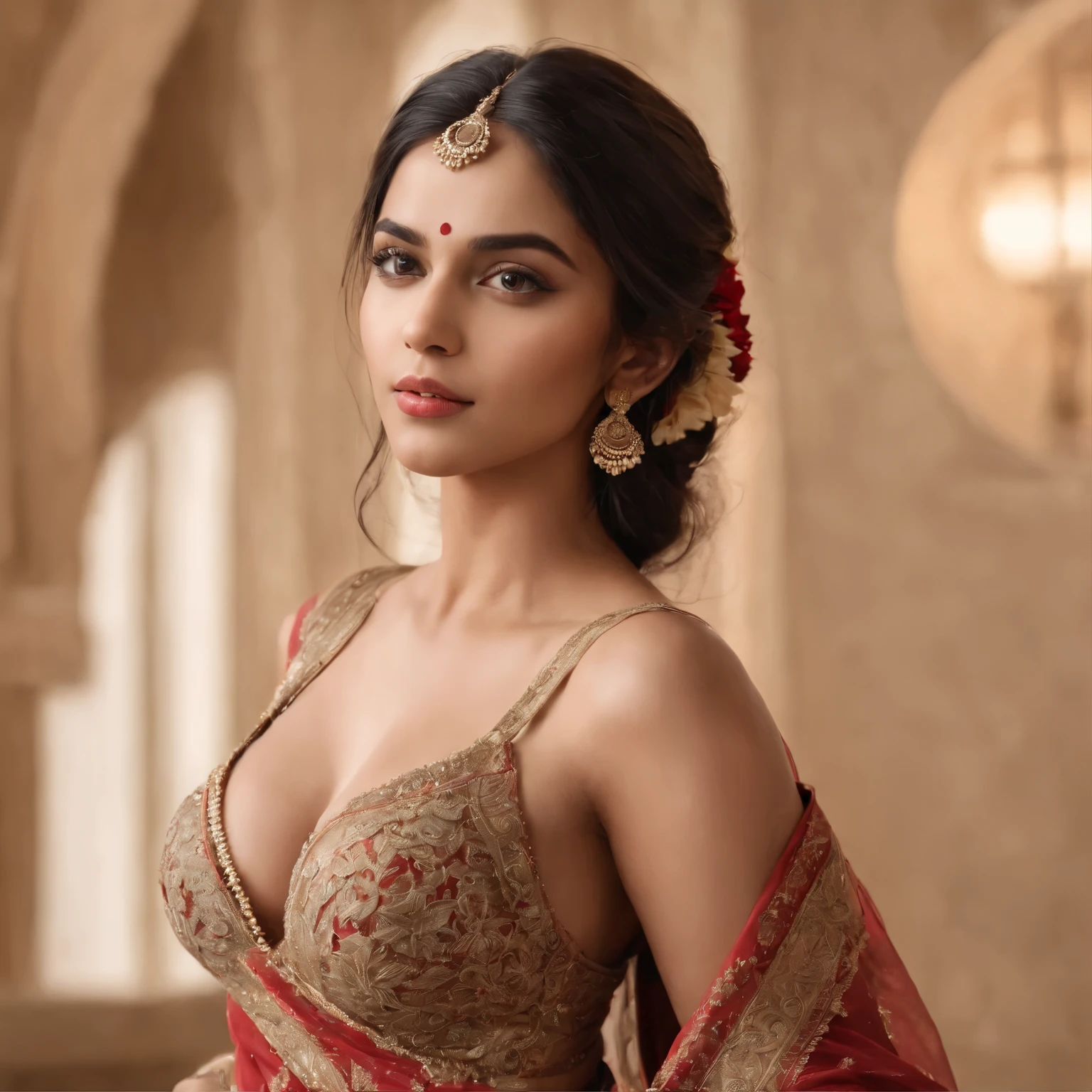 A beautiful indian  women in indian bridal  dress and wearing jewellery, a tattoos on her breast and poses  with side view ,extremely realistic ulta detailed face and hourglass body,, beautiful detailed eyes and lips,shoulder-length blonde black hair),( half  cleavage  breast), (8k resolution,masterpiece:1.2,warmcore:1.1) [goosepunk], focus on joints/connections, ultra-detailed,hyper realistic,handheld, candid, minimal retouching, natural lighting, soft shadows, vibrant colors, ((looking at viewer)),(full body top to bottom), (  breast: 38f ), (waist size : 32ffigure), (hips size : 34figure),(sitting on bed)hot on a Canon EOS R5, 50mm lens, F/2.8, HDR, (8k) (hyper realistic), (wallpaper) (cinematic lighting) (dramatic lighting) (sharp focus) (intricate),RAW photo, gigachad photo, posing for camera, 8k uhd, dslr, high quality, grain film, Fujifilm XT3 