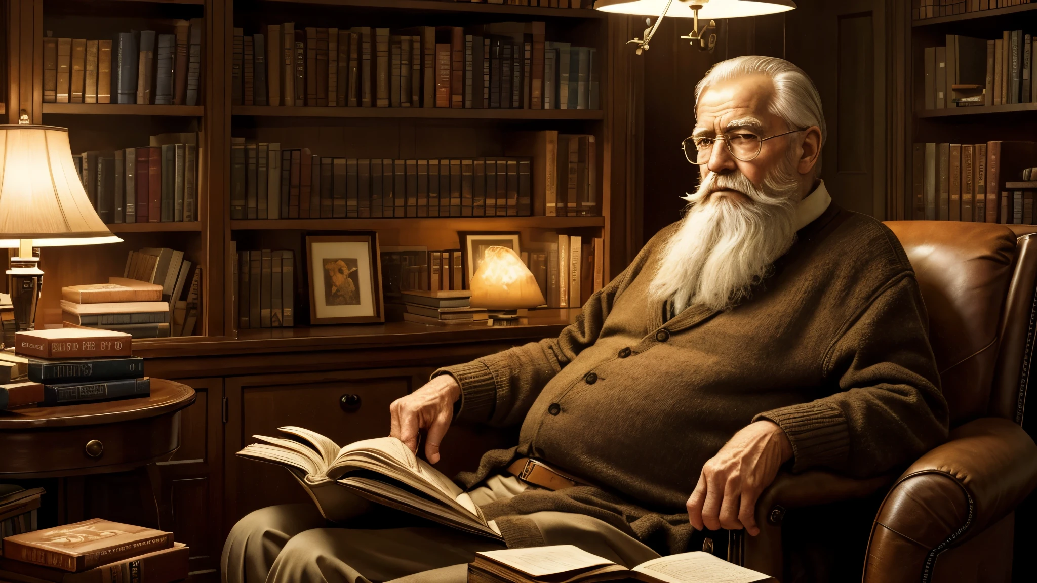 A digital illustration reminiscent of Norman Rockwell's style, depicting an elderly gentleman with a well-groomed beard, seated in a cozy armchair, surrounded by books and mementos, bathed in warm, nostalgic lighting. --v 5 --stylize 1000
