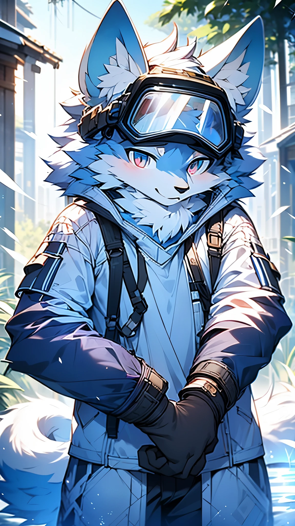 A lone wolf， lupine, humanoid, with blue fur, moiré, A white tail, and wearing a white shirt (best quality, bright colors), Soft natural lighting, in a surreal landscape (impressionistic), With a hazy blue color scheme，Wearing ski goggles on head