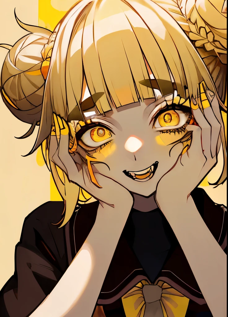 original character , 1girl, (crazy smile:1.2) , blonde hair , bangs , crazy eyes , hands on face , yellow blood splatter on face , yellow and black color scheme, open mouth, (wide-eyed:1.2), glowing eyes, left star shaped eye, star shaped eye, pink eyes, pink eyes