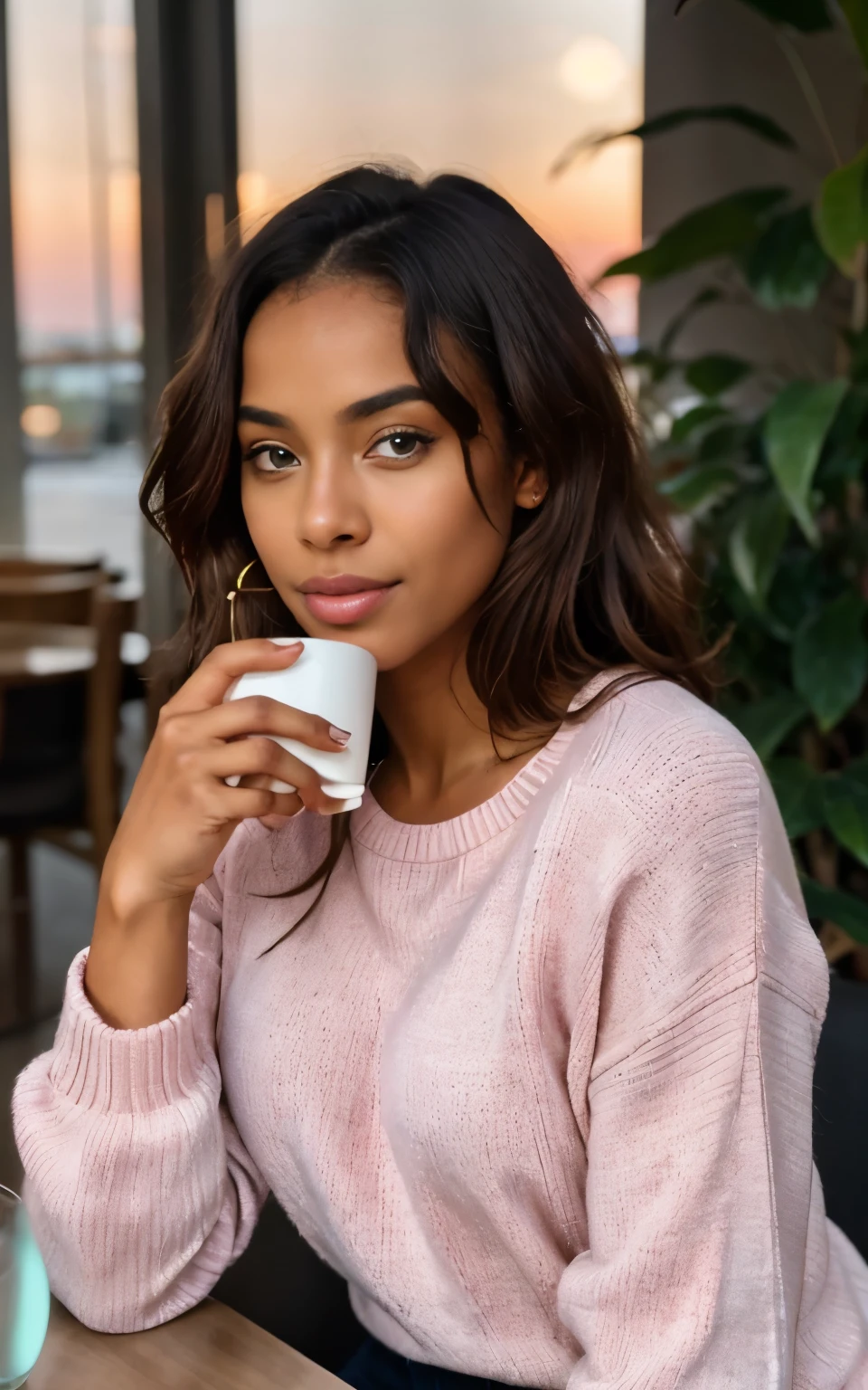 beautiful african woman wearing pink sweater (sipping coffee inside a modern café at sunset), very detailed, 21 years old, innocent face, natural wavy hair, blue eyes, high resolution, masterpiece, best quality, intricate details, highly detailed, sharp focus, detailed skin, realistic skin texture, texture, detailed eyes, professional, 4k, charming smile, shot on Canon, 85mm, shallow depth of field, kodak vision color, perfect fit body, extremely detailed, foto_\(ultra\), photorealistic, realistic, post-processing, maximum detail, roughness, real life, ultra realistic, photorealism, photography, 8k uhd, photography